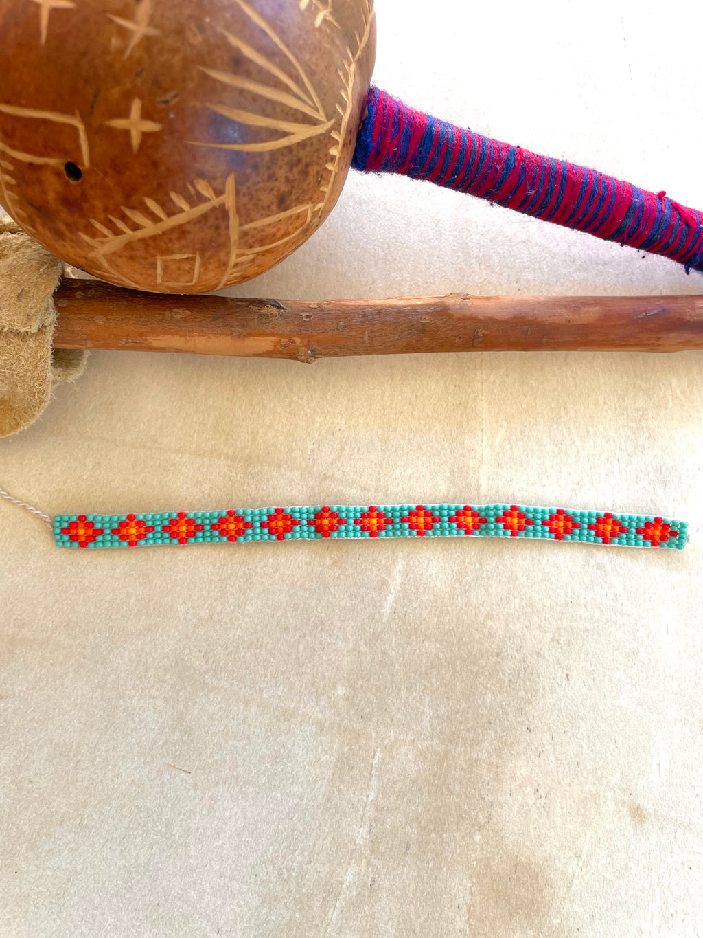 Blue & Orange God’s Eye - Huichol Loom Beadwork Bracelet