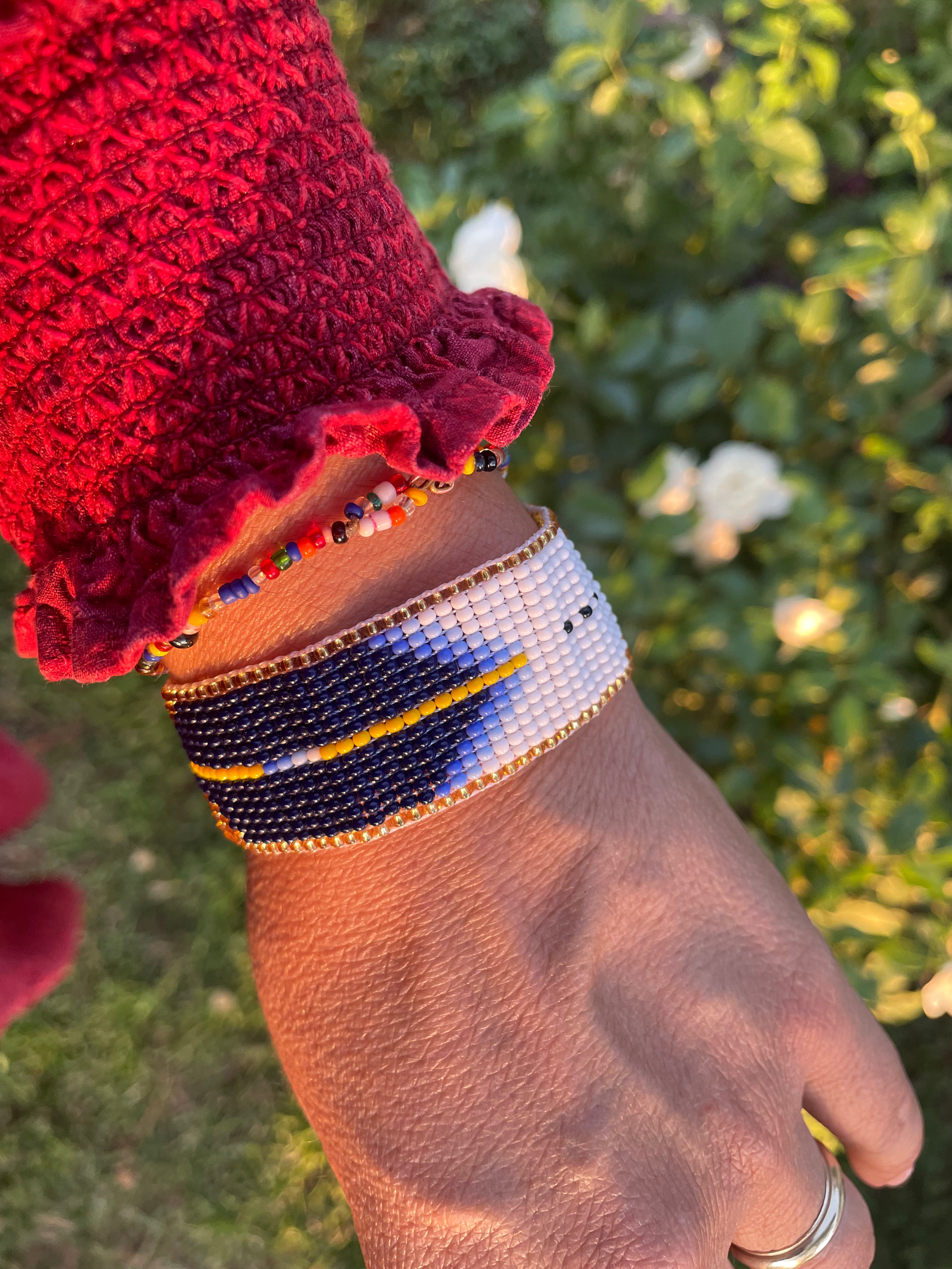 Pluma Divina - Gold & Blue Huichol Loom Beadwork Bracelet