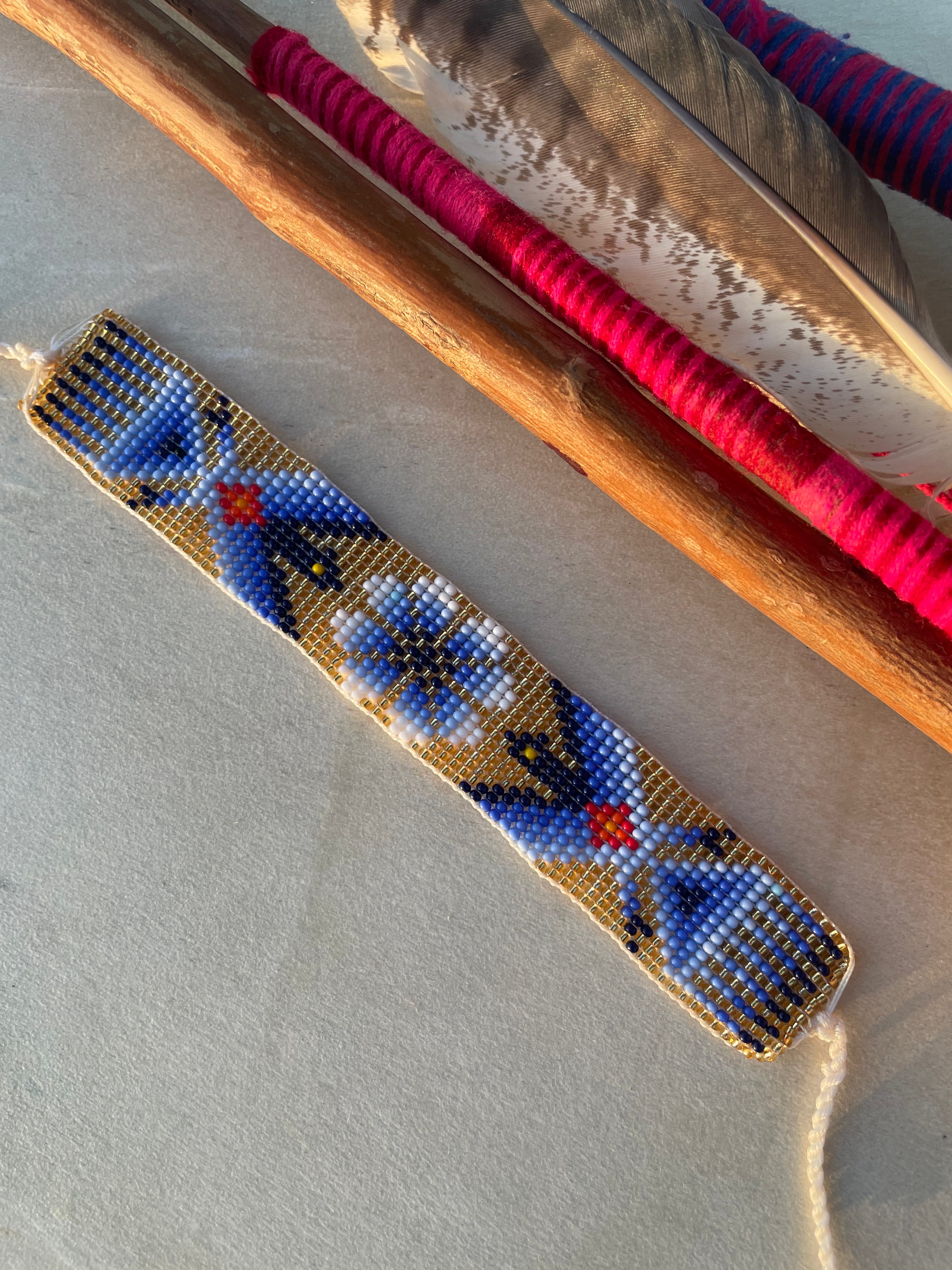 Águila Celestial - Gold & Blue Huichol Loom Beadwork Bracelet