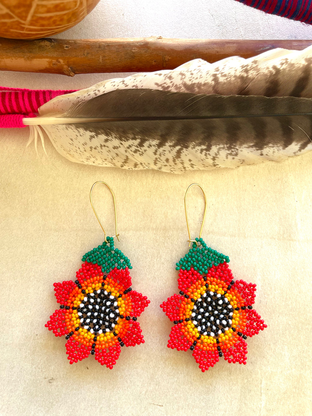 Flor Girasol - Red Huichol Flower Beadwork Earrings