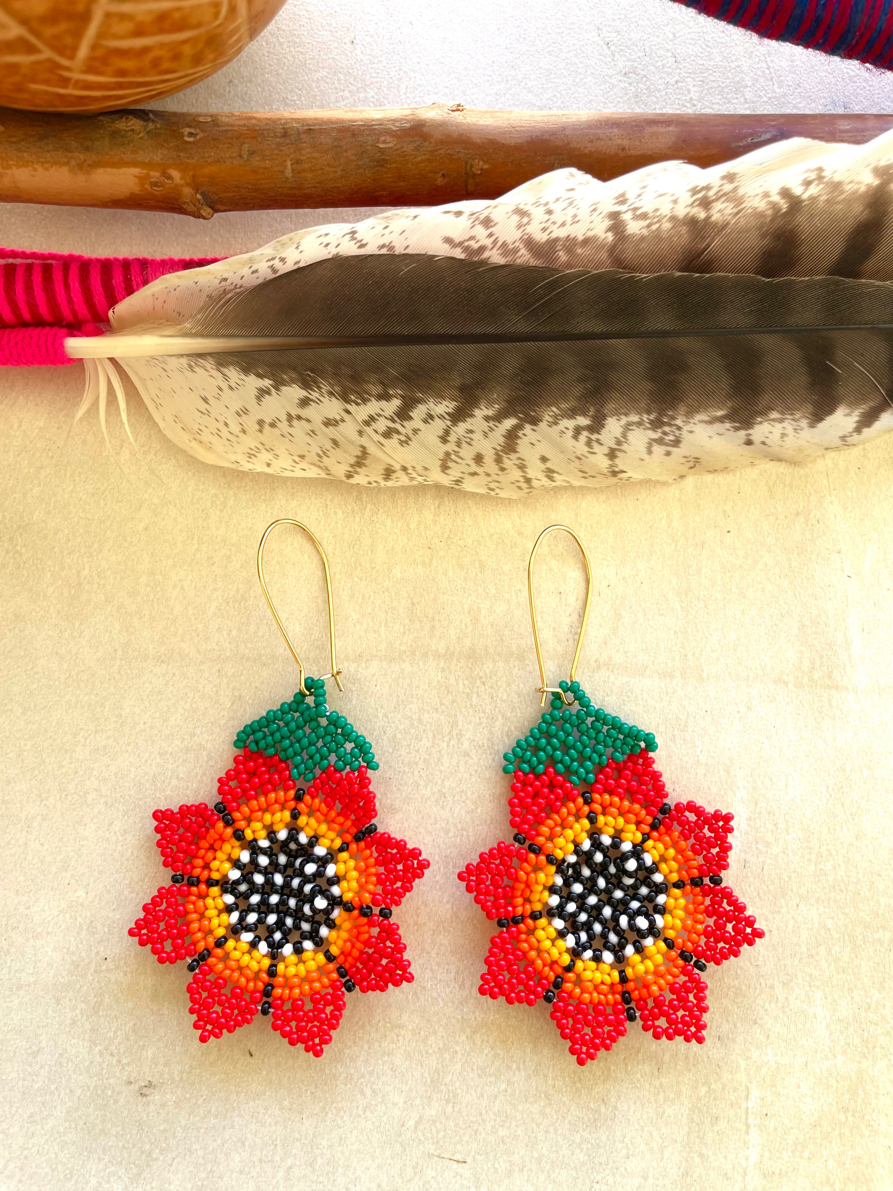 Flor Girasol - Red Huichol Flower Beadwork Earrings
