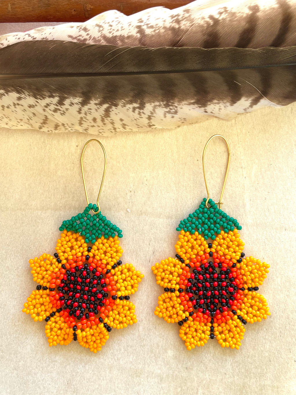 Flor Girasol - Orange Huichol Flower Beadwork Earrings