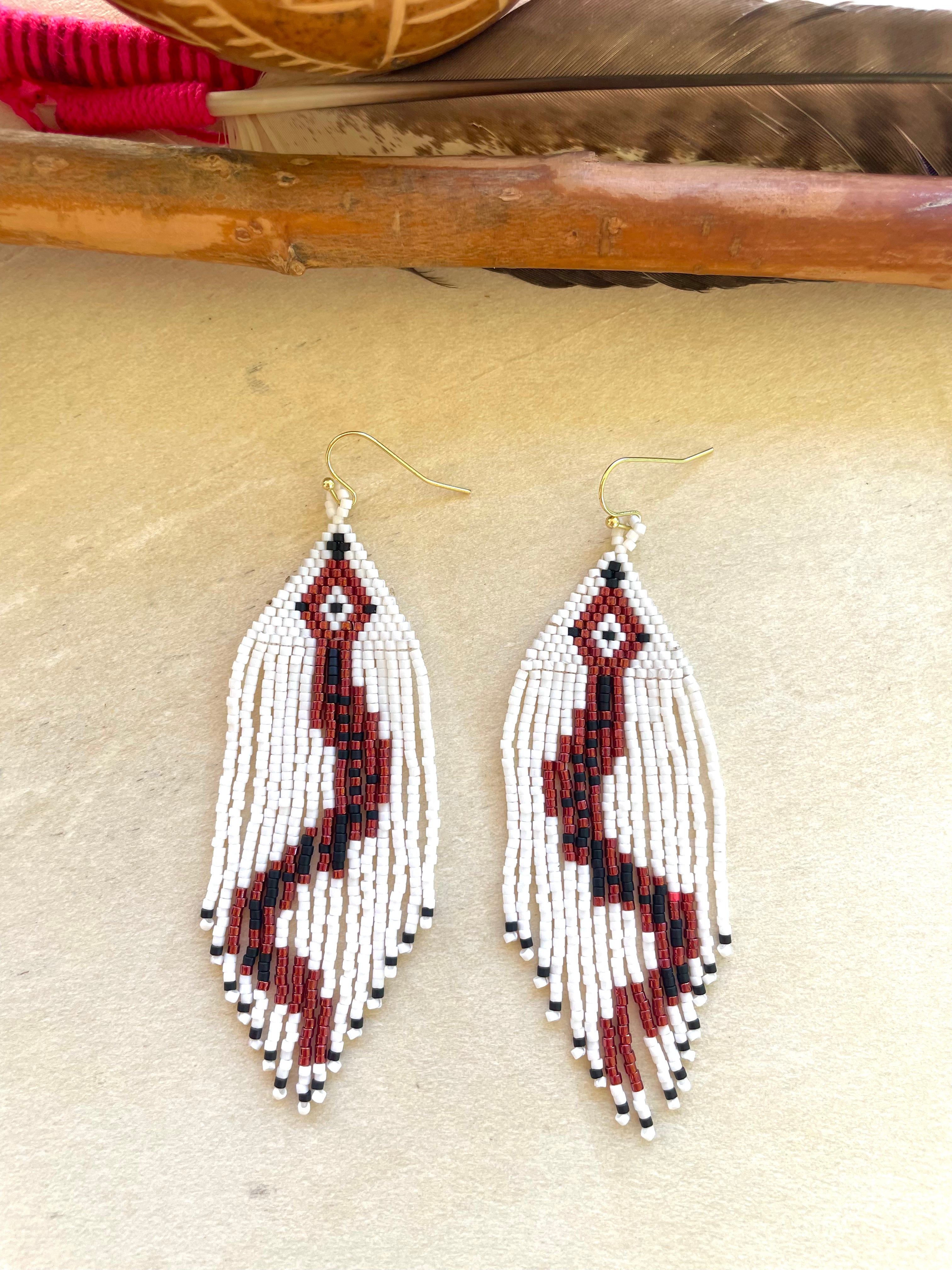 Serpiente Divina - White & Magenta Huichol Serpent Beadwork Earrings