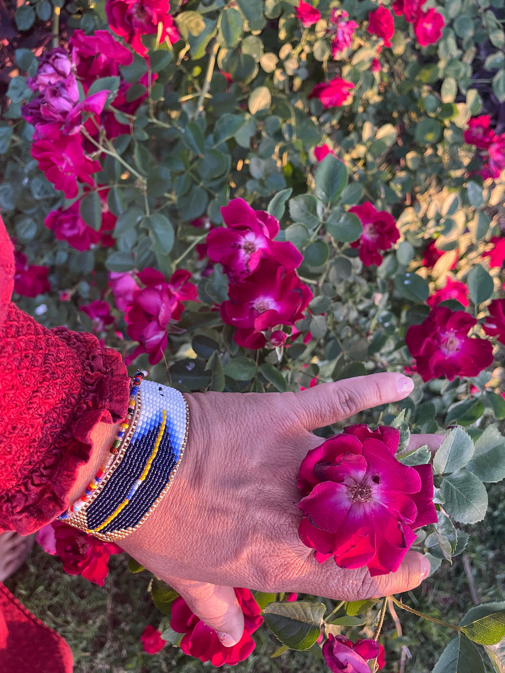 Pluma Divina - Gold & Blue Huichol Loom Beadwork Bracelet