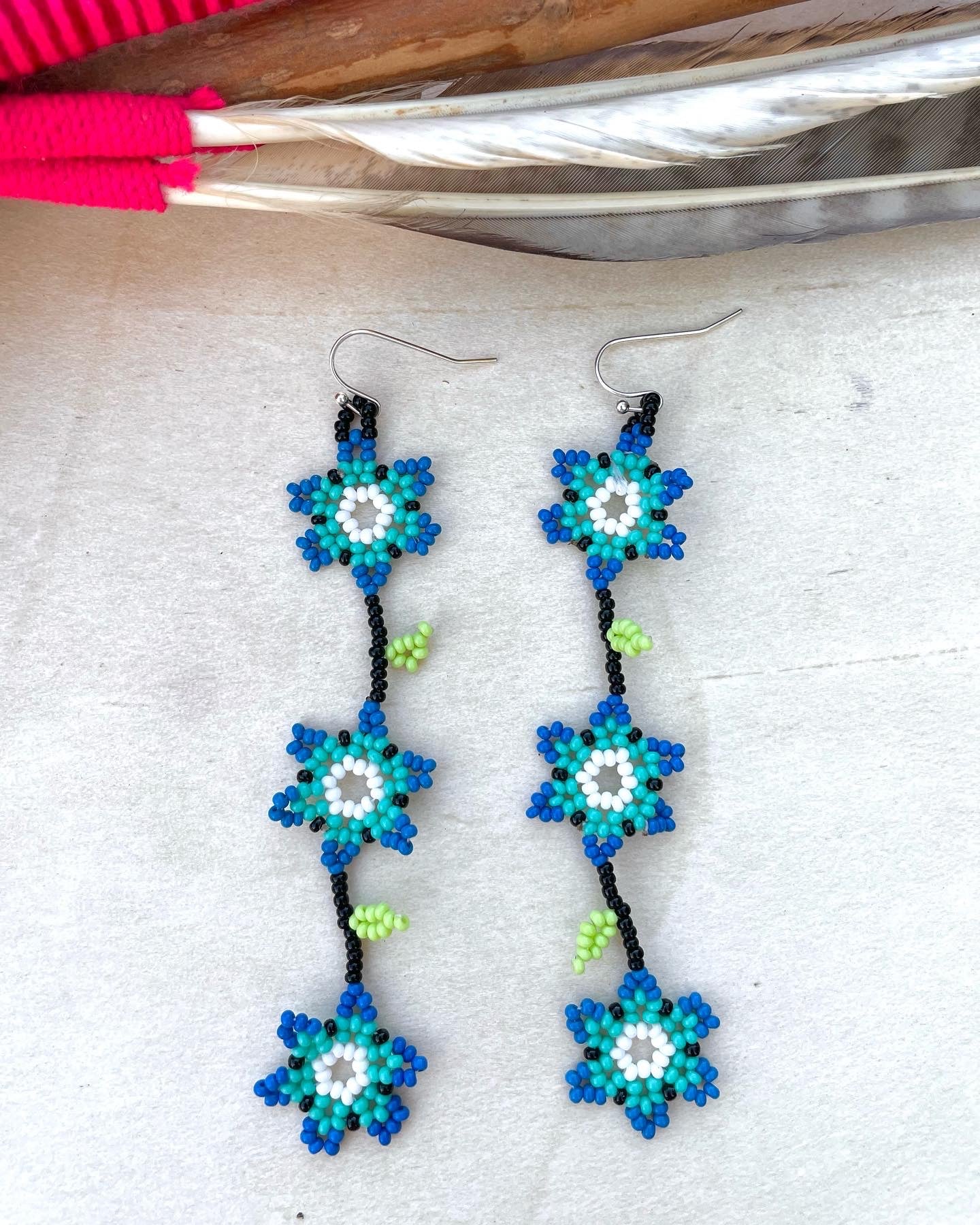 Cadena de Flores - Turquoise Blue Huichol Flower Beadwork Earrings