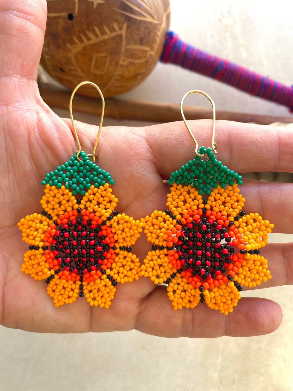 Flor Girasol - Orange Huichol Flower Beadwork Earrings