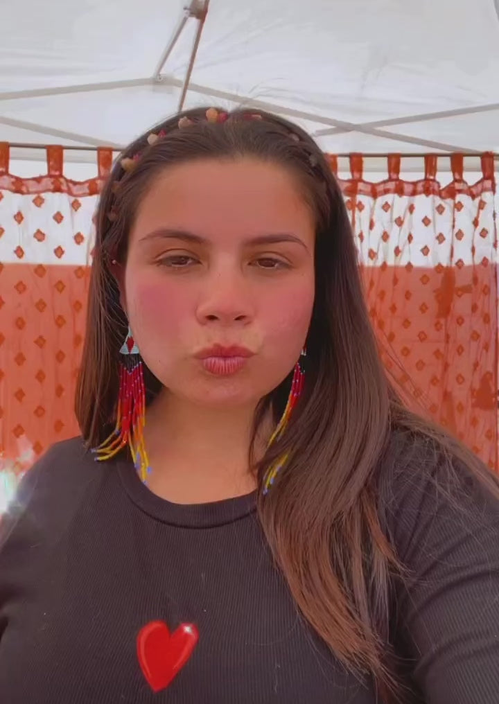 Cascada de Amor - Light Blue & Fire Colors Huichol Beadwork Earrings