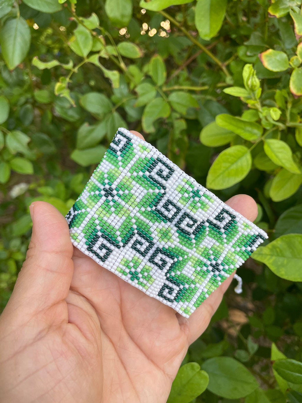 Cactus de Luz - White and Green Huichol Loom Beadwork Bracelet