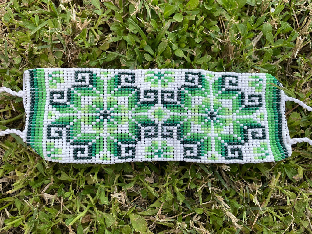 Cactus de Luz - White and Green Huichol Loom Beadwork Bracelet