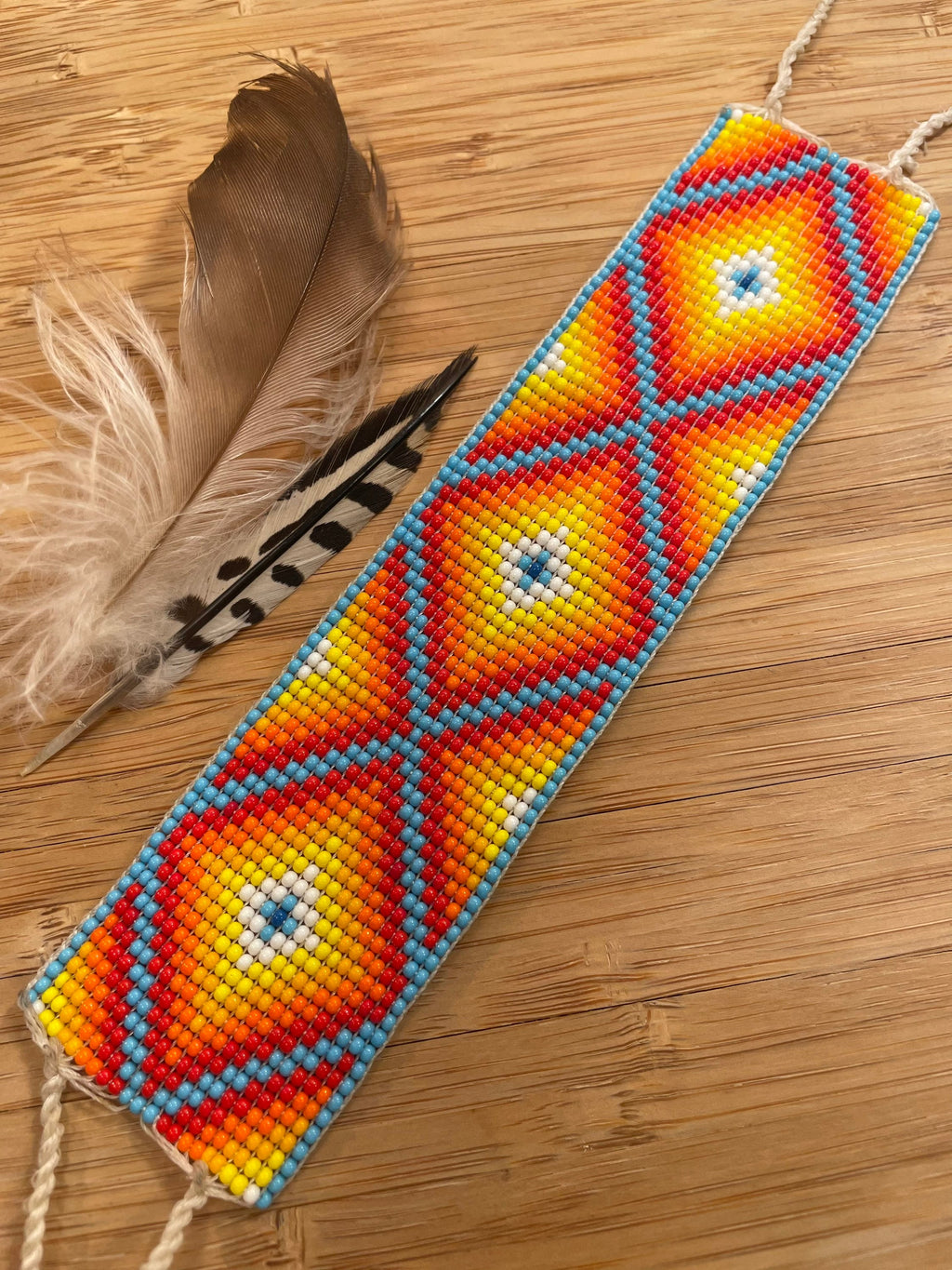 Ojo de Dios Cósmico - Orange & Blue Huichol Loom Beadwork Bracelet