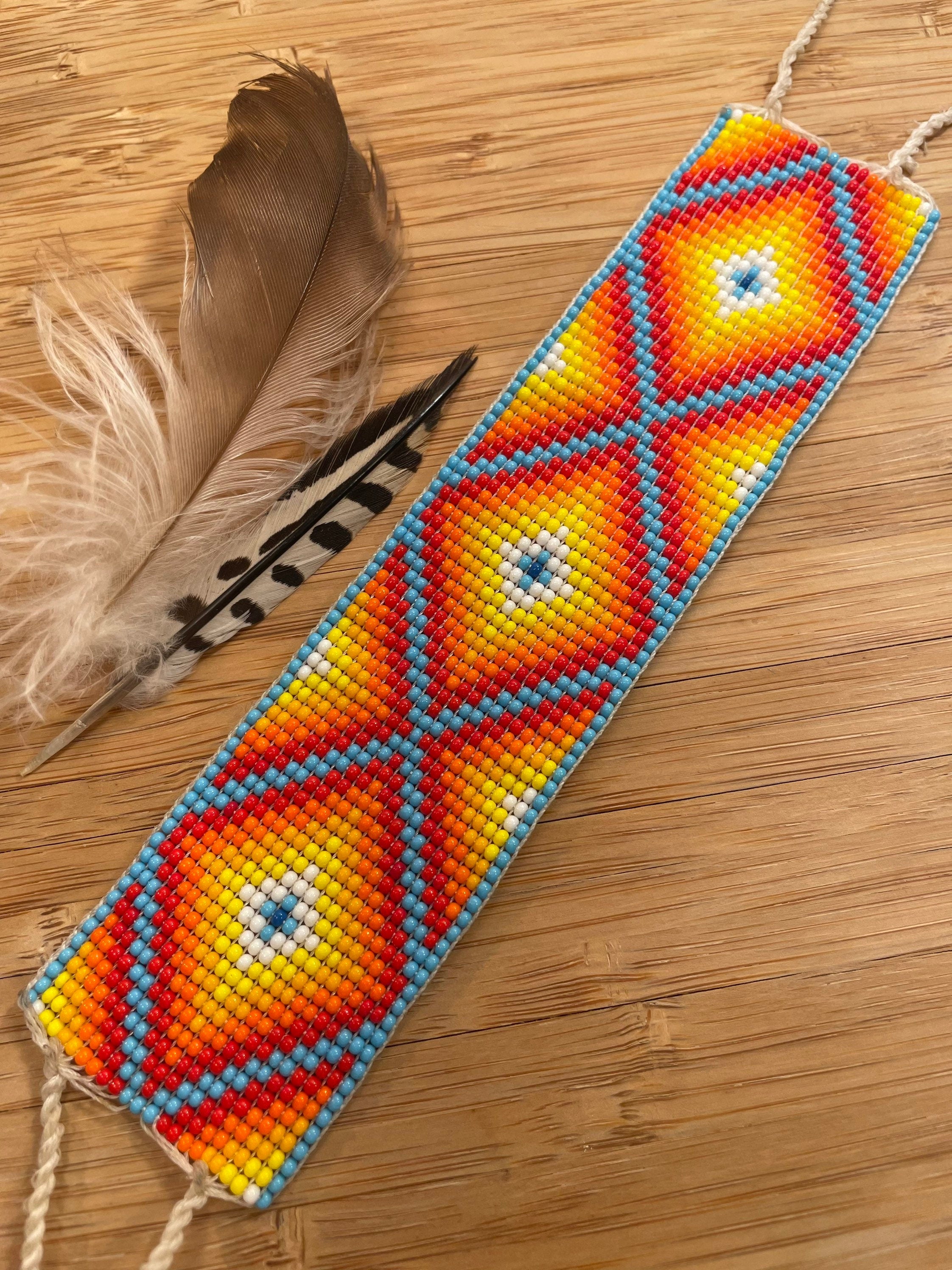 Ojo de Dios Cósmico - Orange & Blue Huichol Loom Beadwork Bracelet