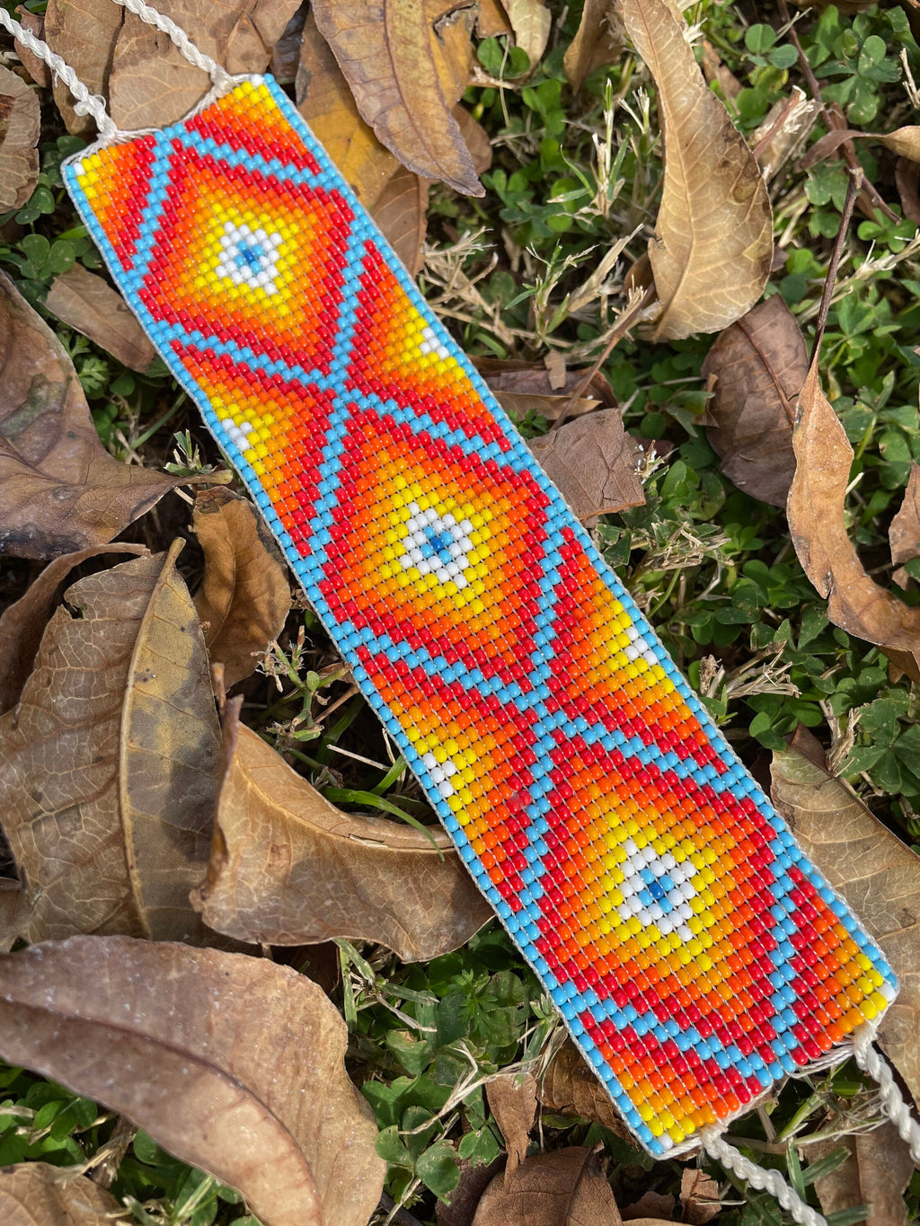 Ojo de Dios Cósmico - Orange & Blue Huichol Loom Beadwork Bracelet