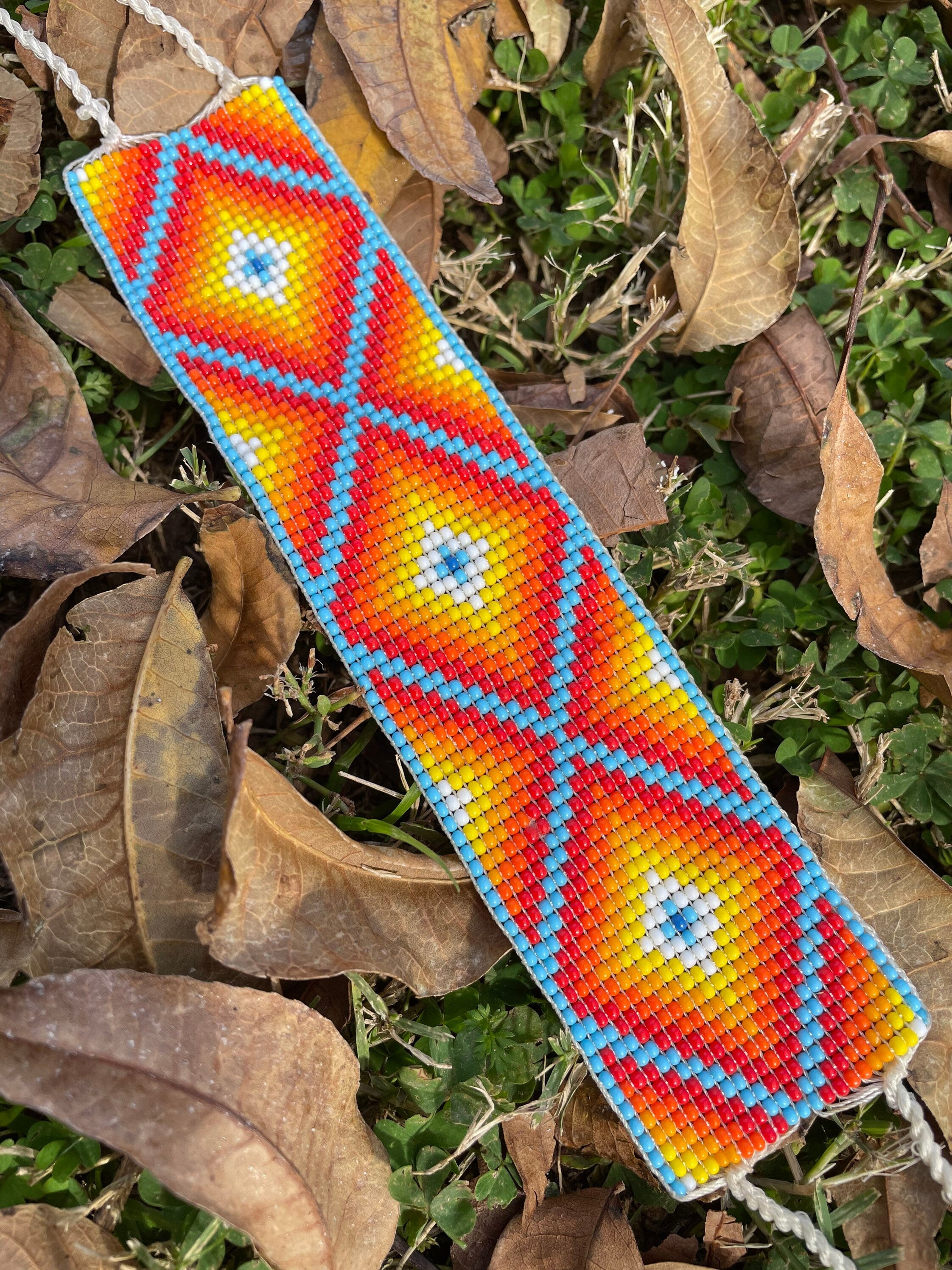 Ojo de Dios Cósmico - Orange & Blue Huichol Loom Beadwork Bracelet
