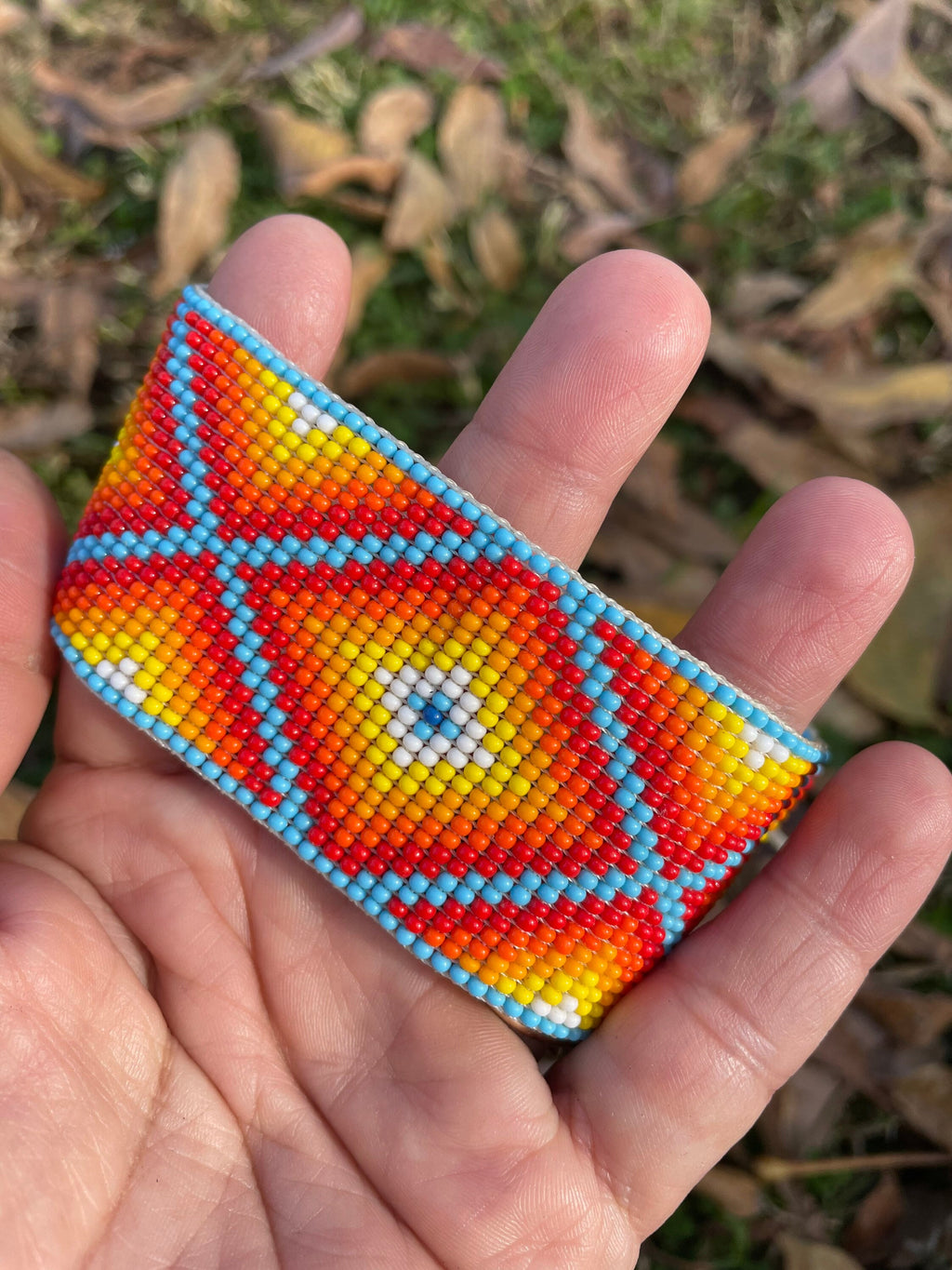 Ojo de Dios Cósmico - Orange & Blue Huichol Loom Beadwork Bracelet