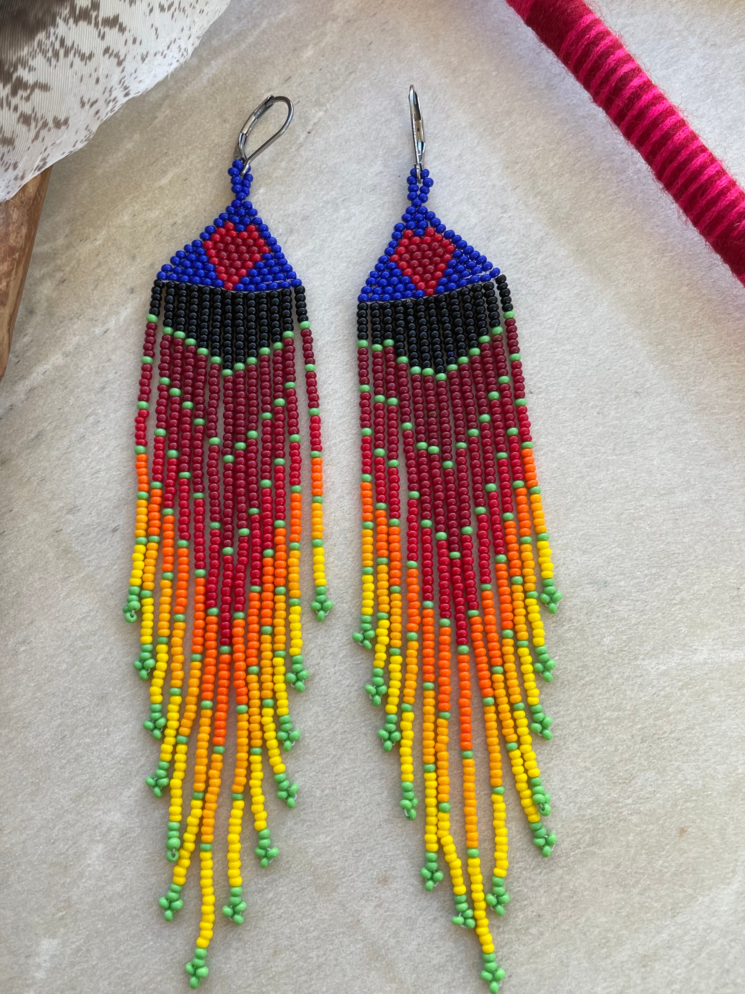 Cascada de Amor - Dark Blue Huichol Beadwork Earrings