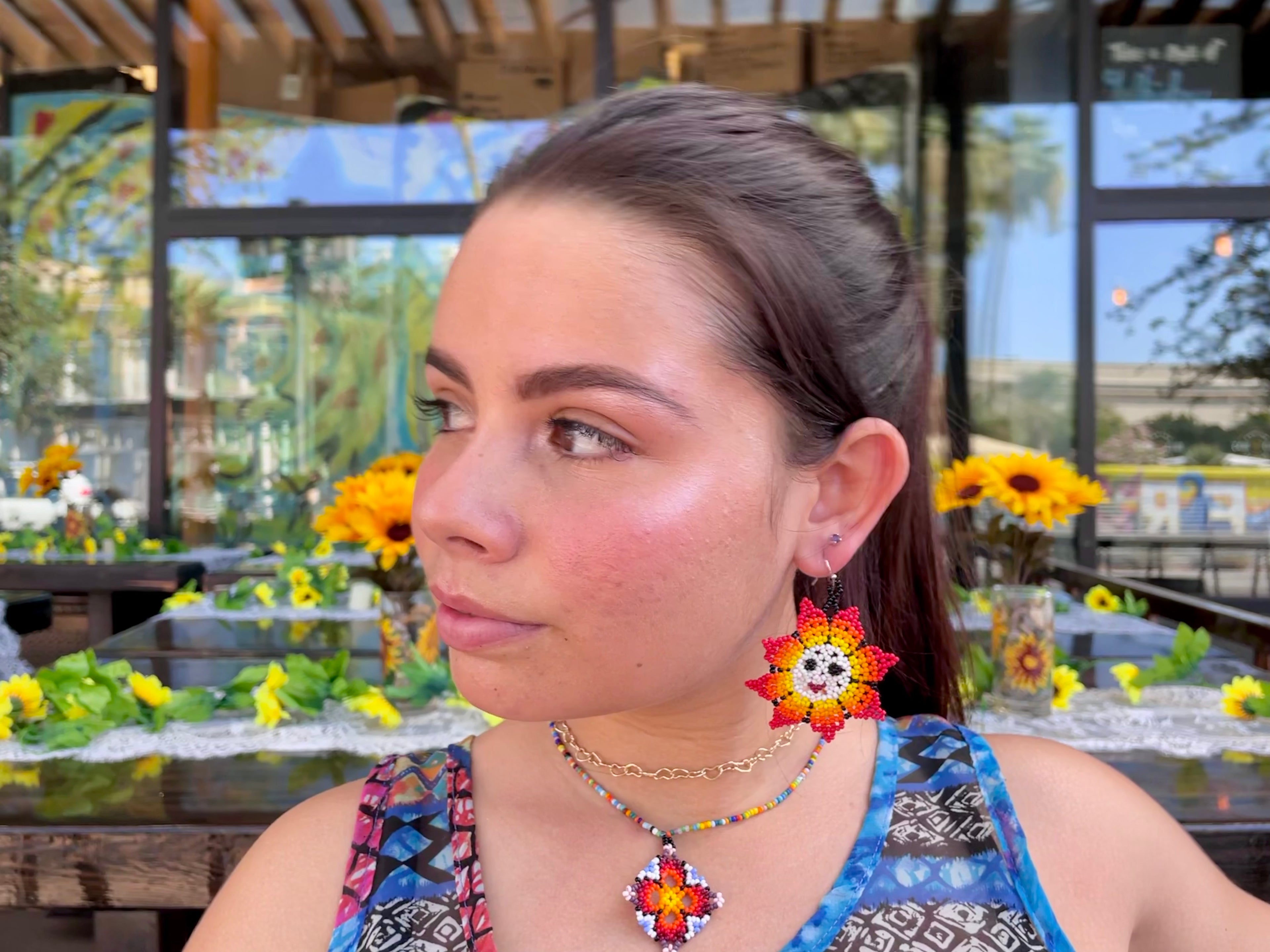 Padre Sol Earrings - Orange & White Huichol Sun Beadwork Earrings