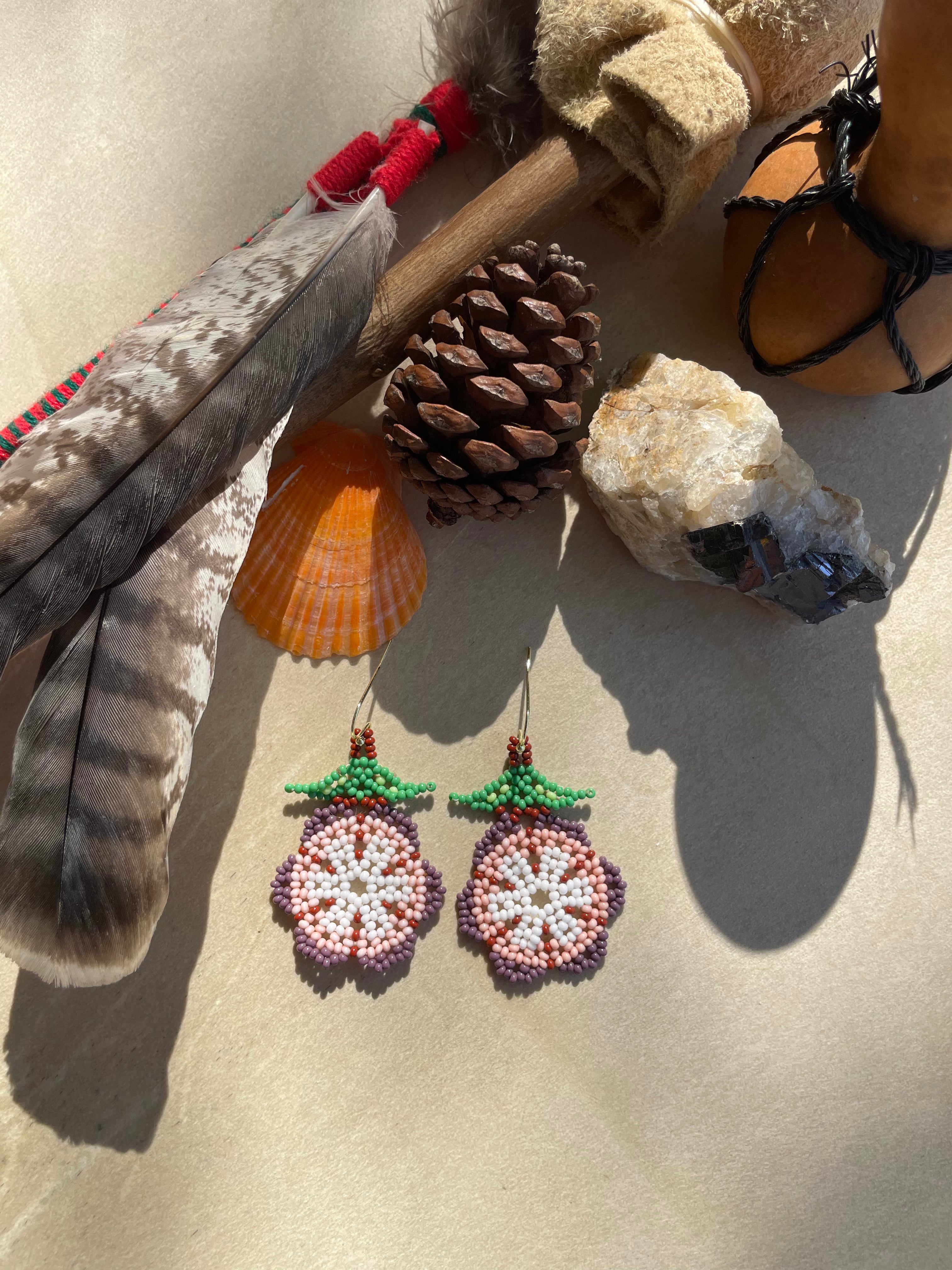 Flor del Campo - Purple & Pink Huichol Flower Beadwork Earrings