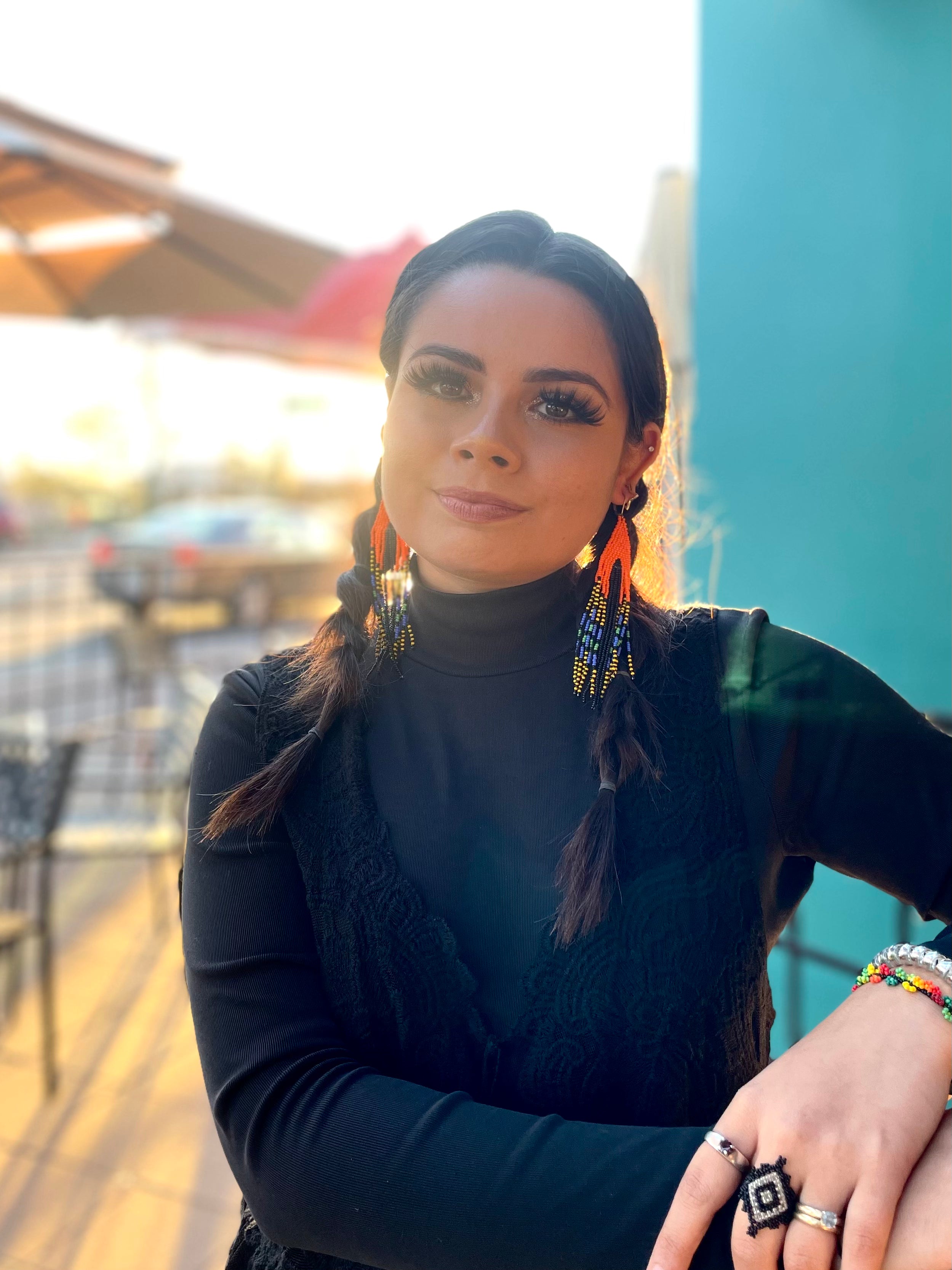 Serpiente - Orange & Black Huichol Serpent Beadwork Earrings