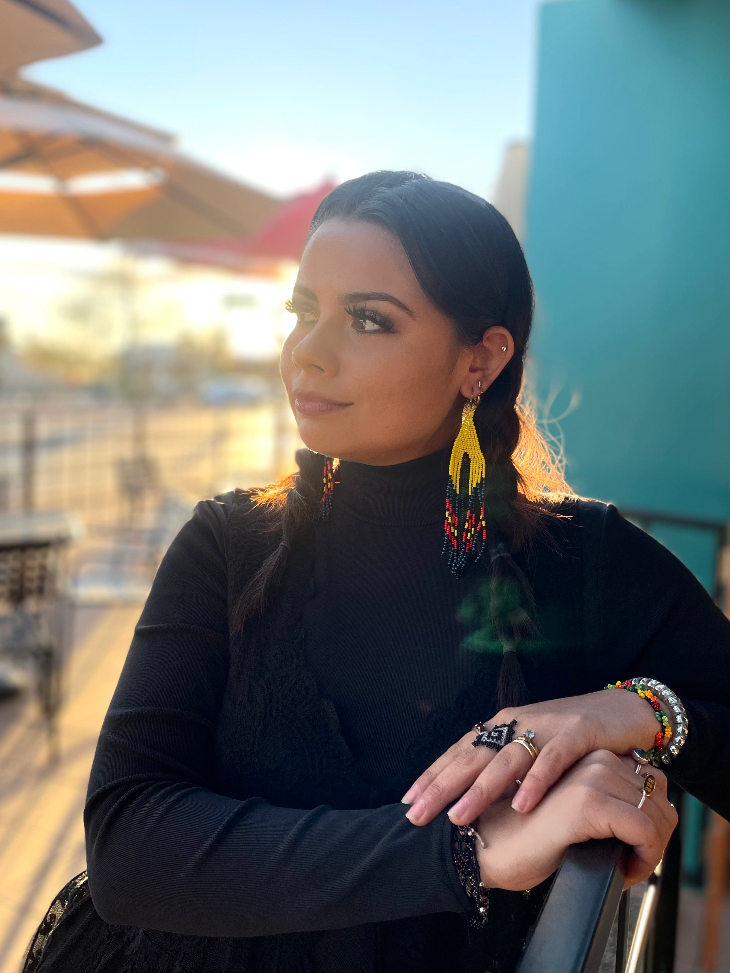 Serpiente - Yellow & Black Huichol Serpent Beadwork Earrings