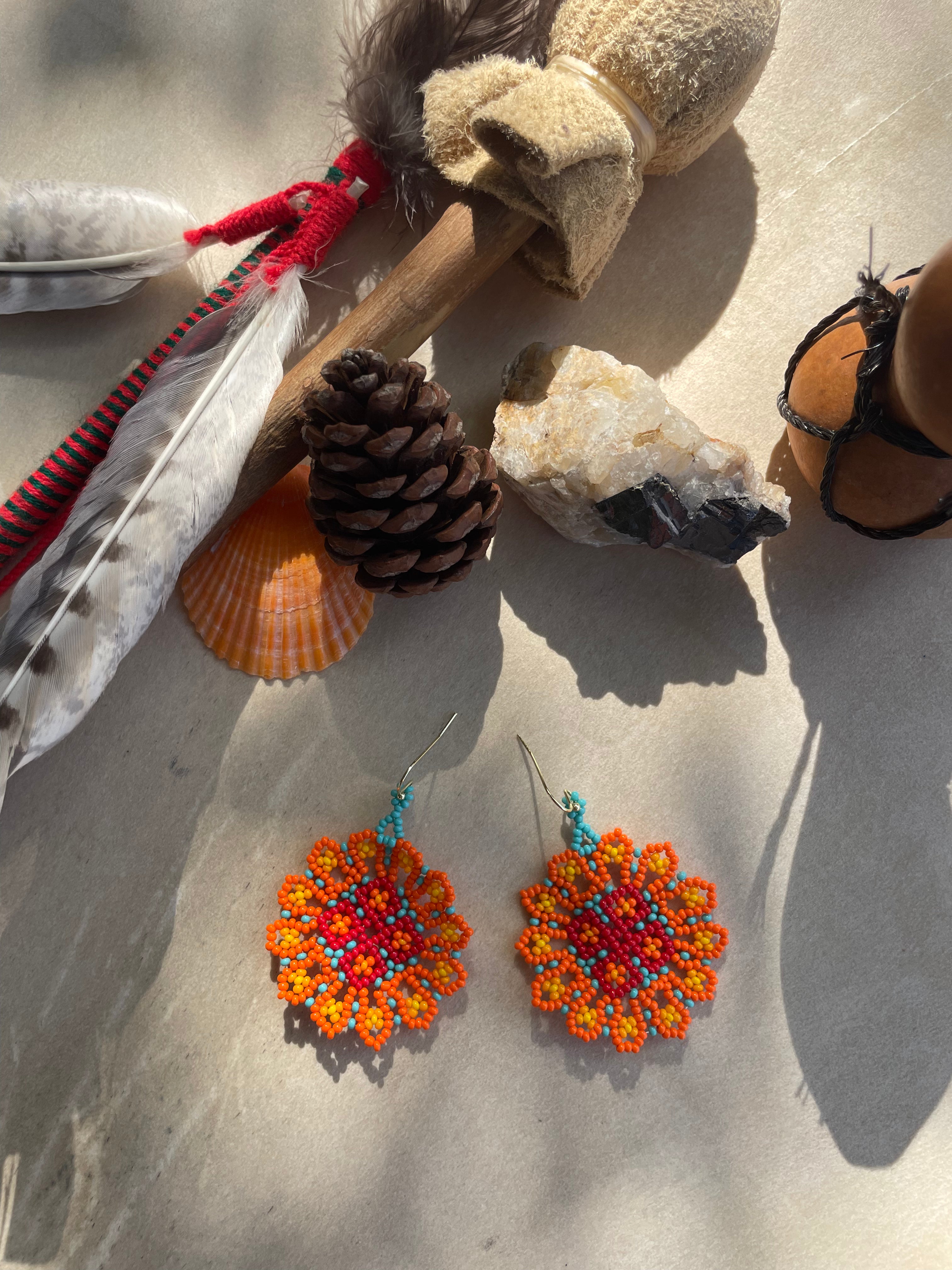 Padre Sol del Mar - Orange & Turquoise Huichol Sun Beadwork Earrings
