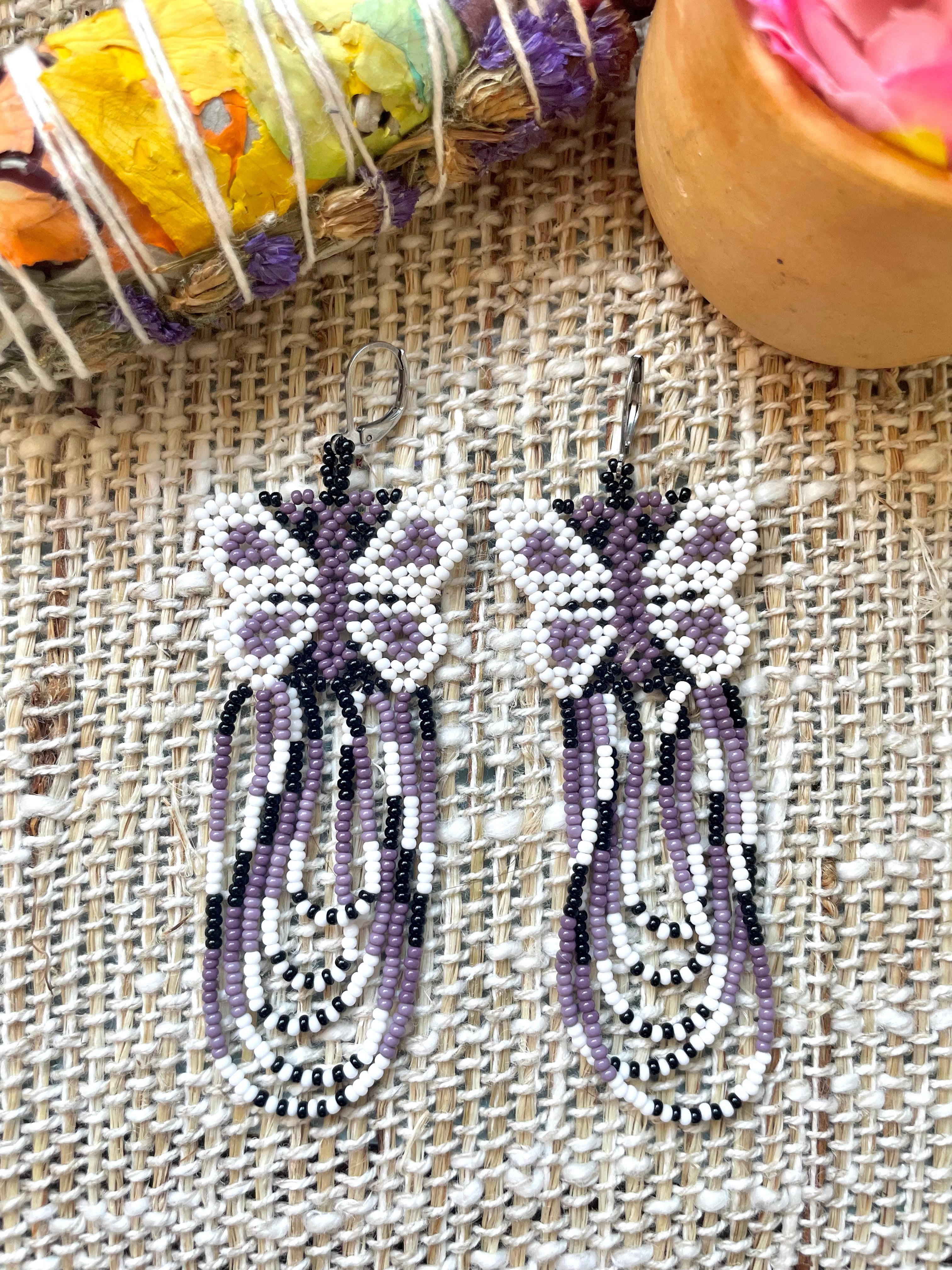 Mariposa Volando - Purple Huichol Butterfly Beadwork Earrings