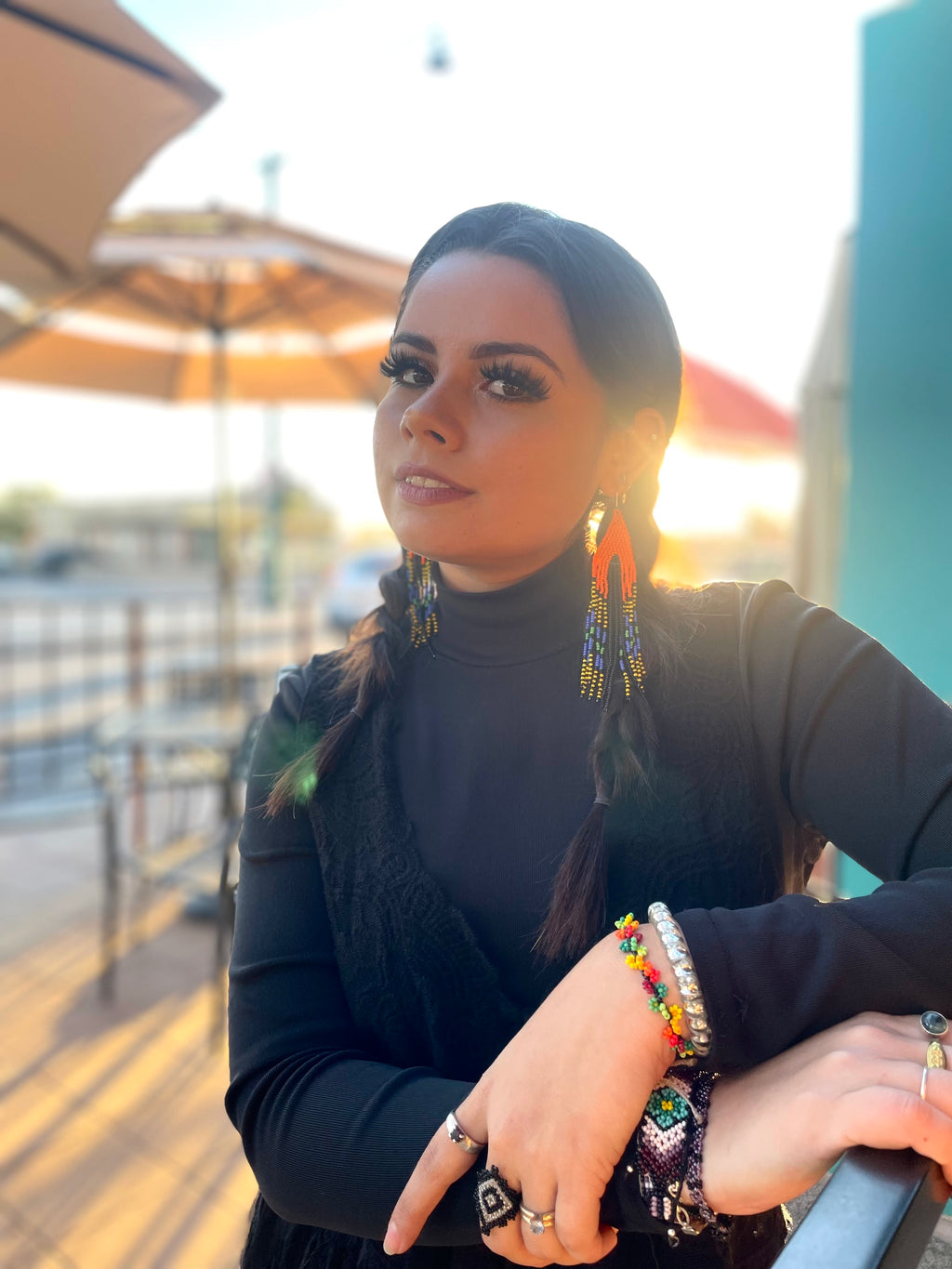 Serpiente - Orange & Black Huichol Serpent Beadwork Earrings