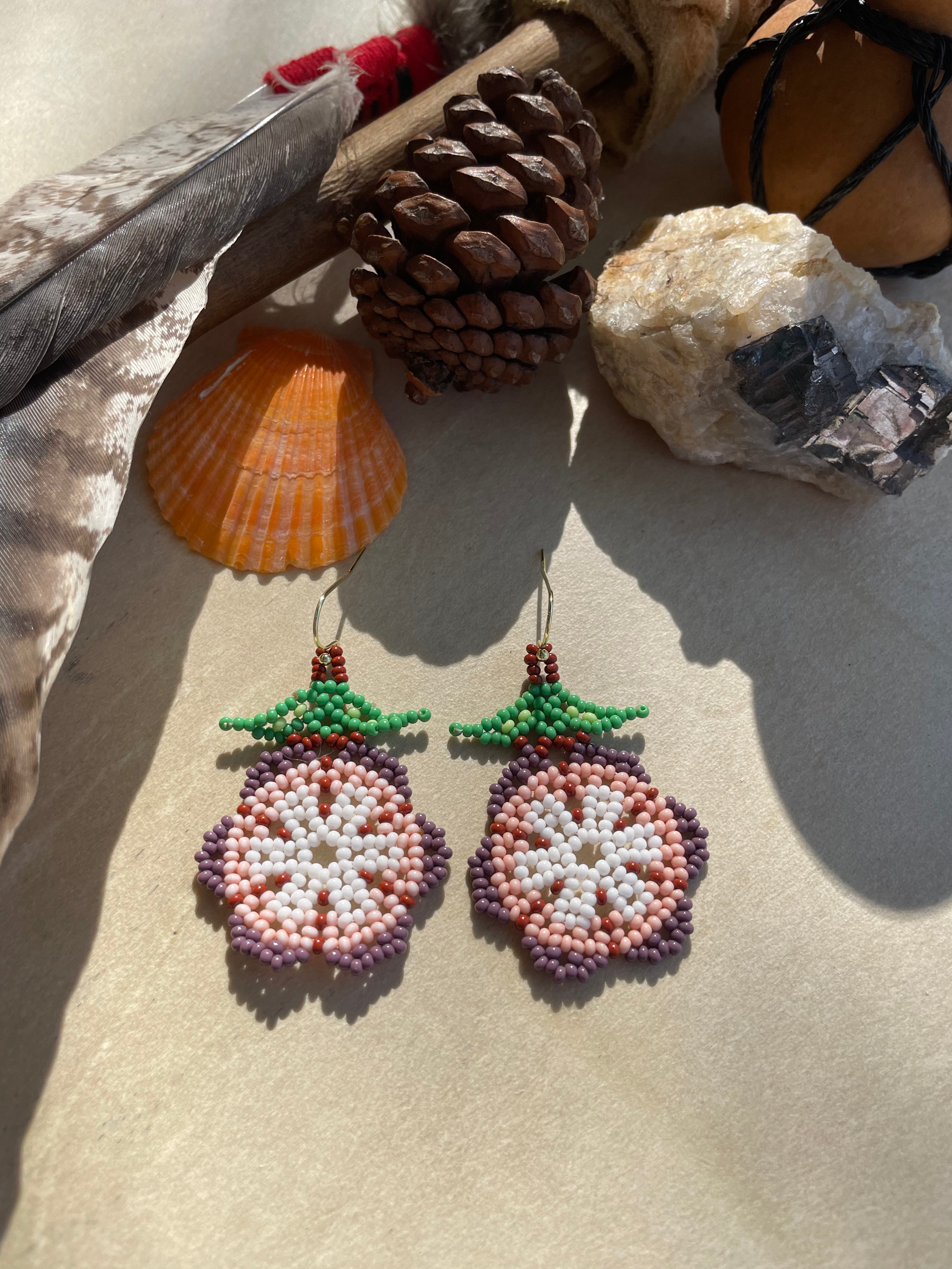 Flor del Campo - Purple & Pink Huichol Flower Beadwork Earrings