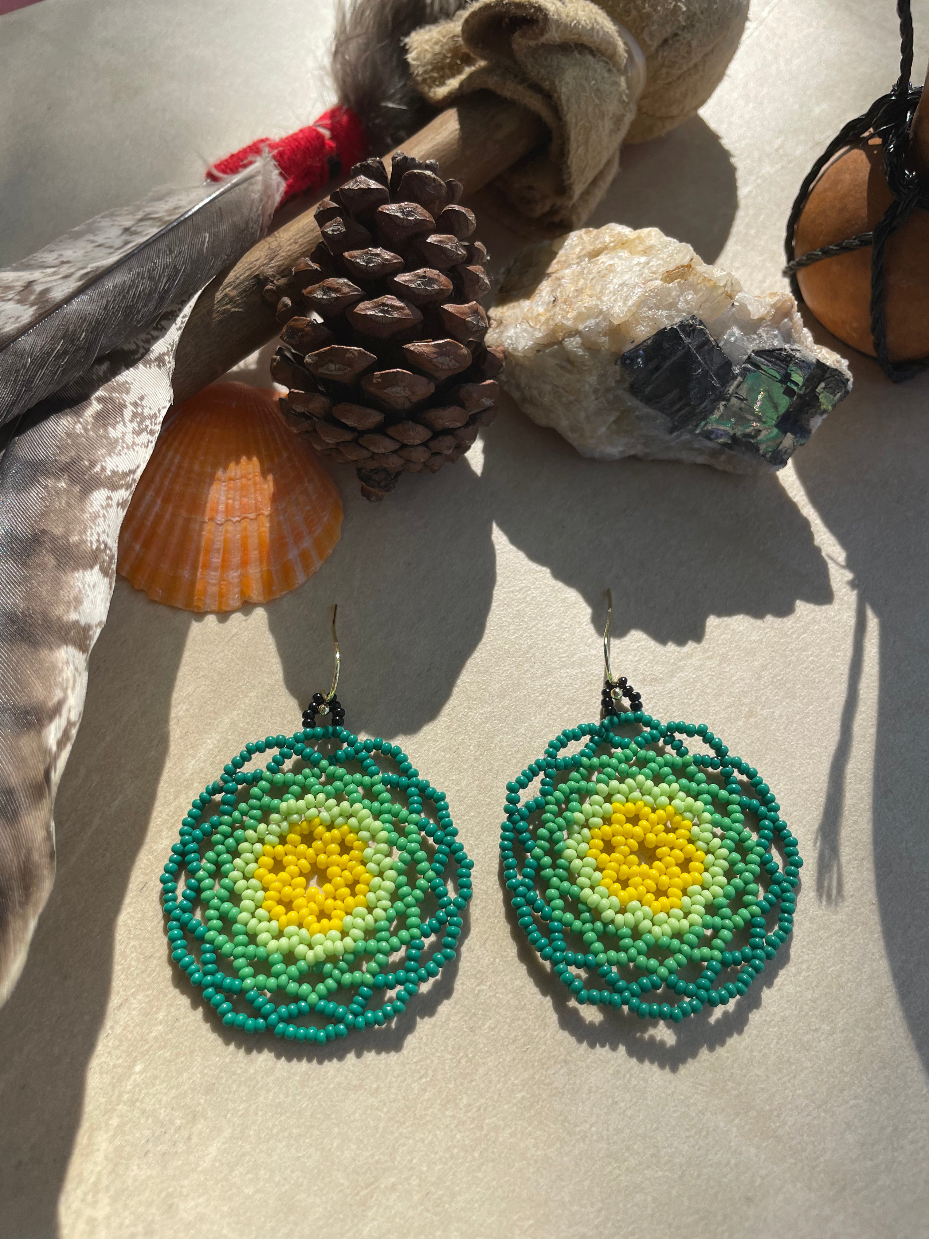 Mandala del Bosque - Green Huichol Beadwork Earrings