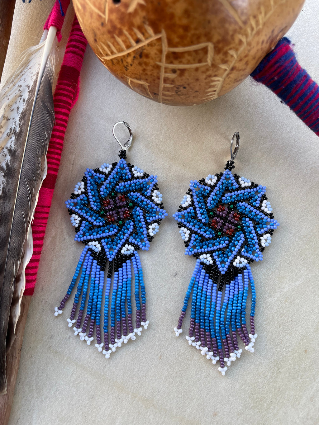Estrella Fugaz - Blue Huichol Star Beadwork Earrings