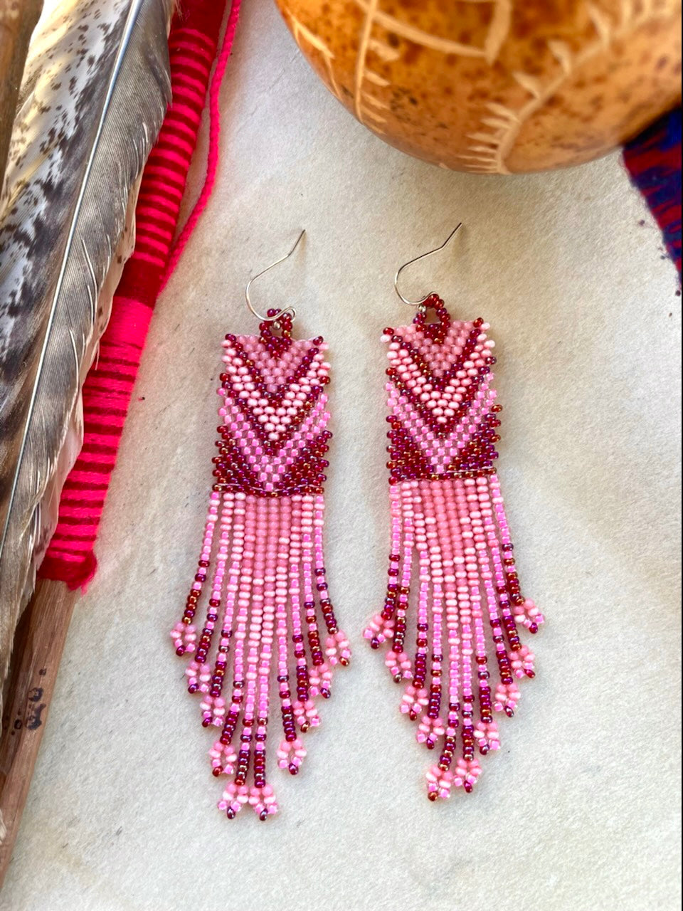 Cuadro Clasico - Pink Huichol Beadwork Earrings