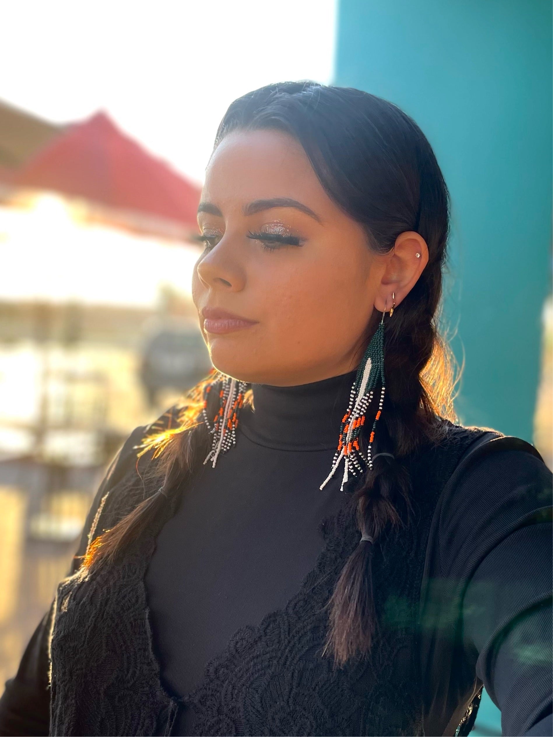 Serpiente - Green & White Huichol Serpent Beadwork Earrings