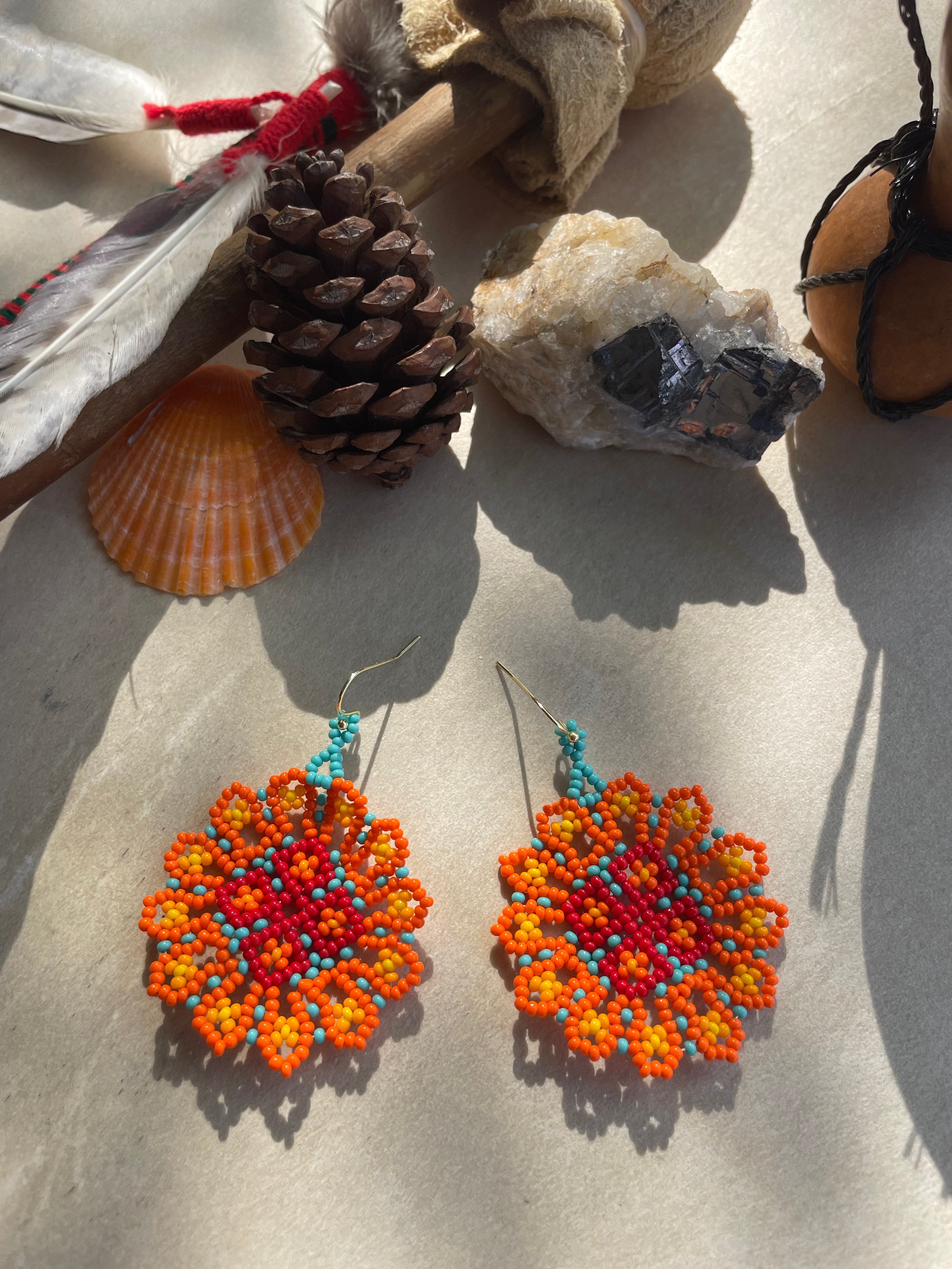 Padre Sol del Mar - Orange & Turquoise Huichol Sun Beadwork Earrings