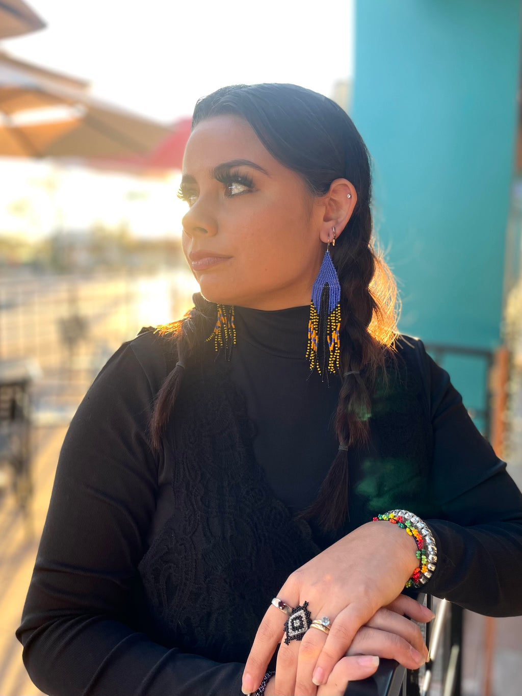 Serpiente - Blue & Black Huichol Serpent Beadwork Earrings