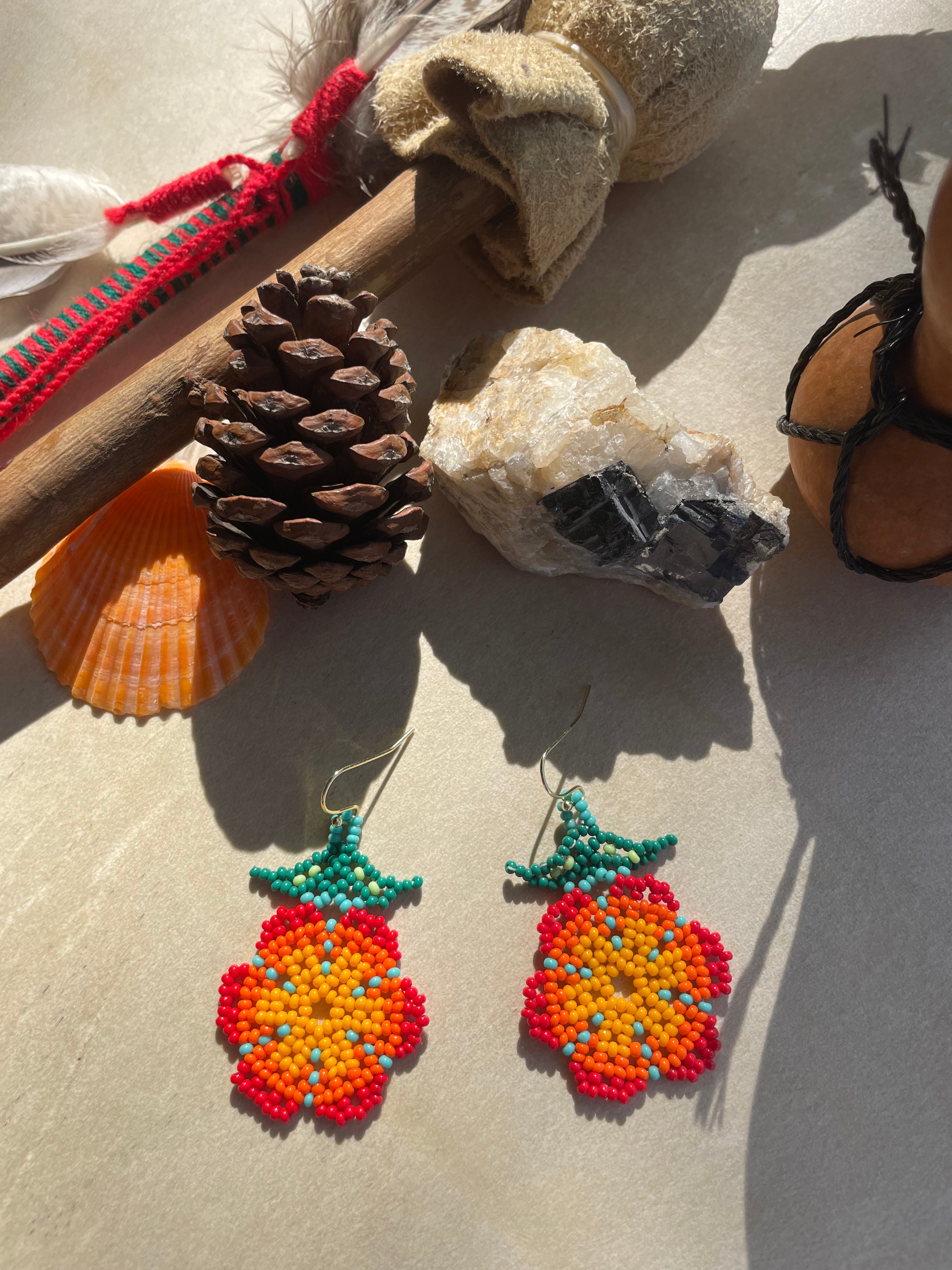 Flor del Campo - Orange & Blue Huichol Flower Beadwork Earrings