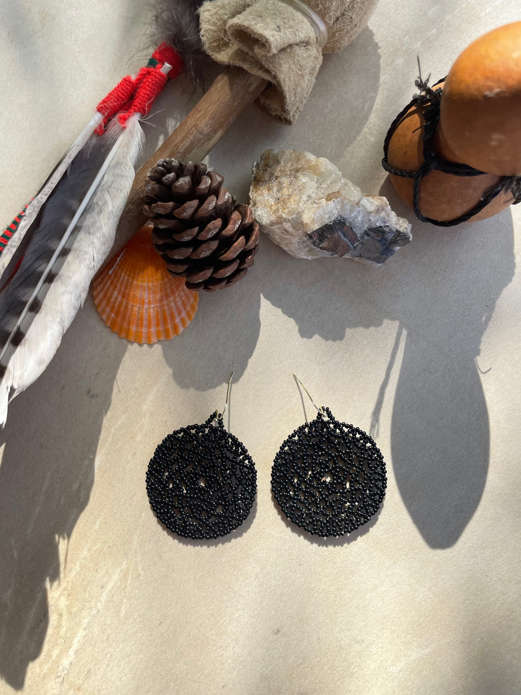 Mandala del Silencio - Black Huichol Beadwork Earrings