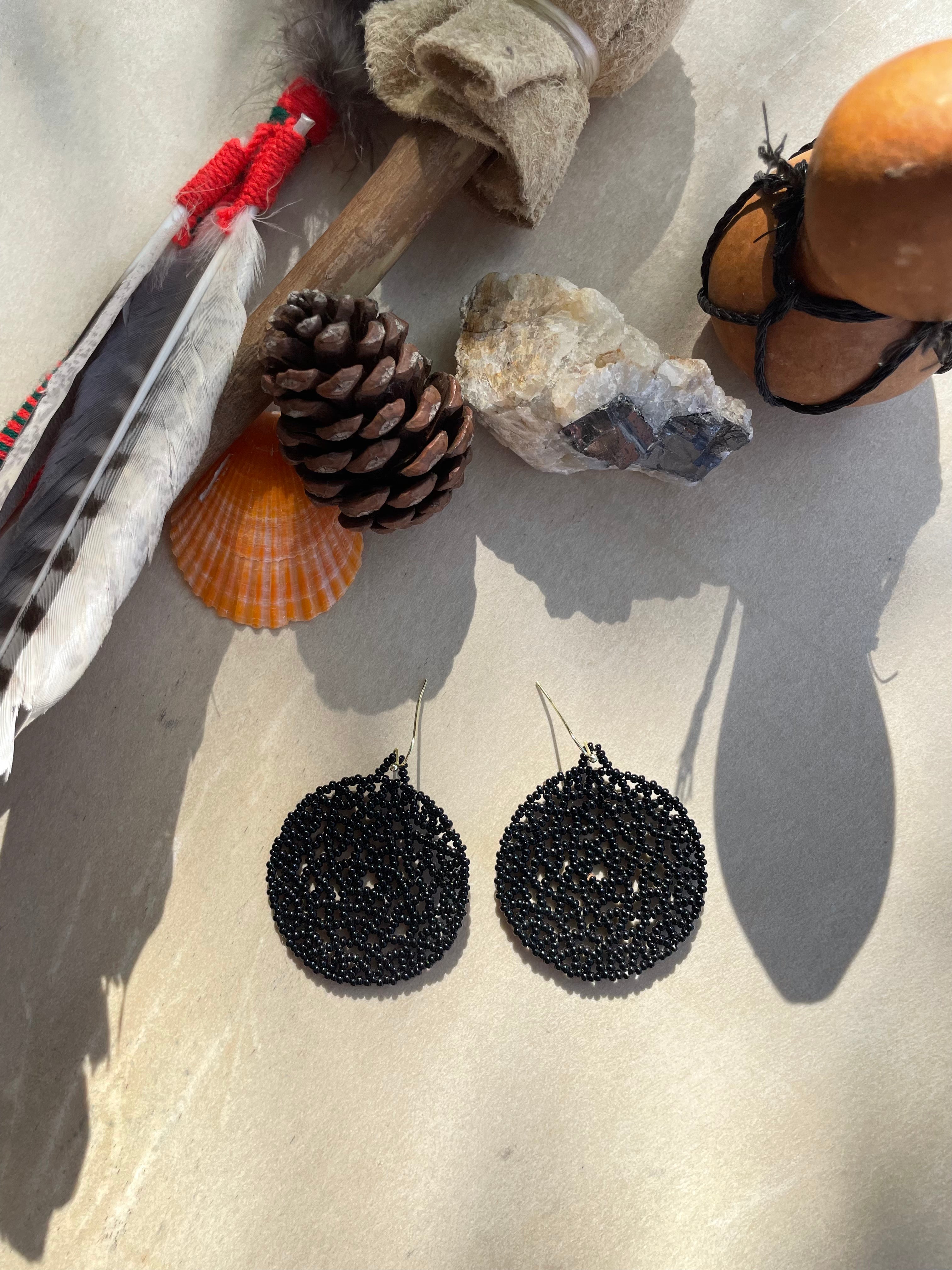 Mandala del Silencio - Black Huichol Beadwork Earrings
