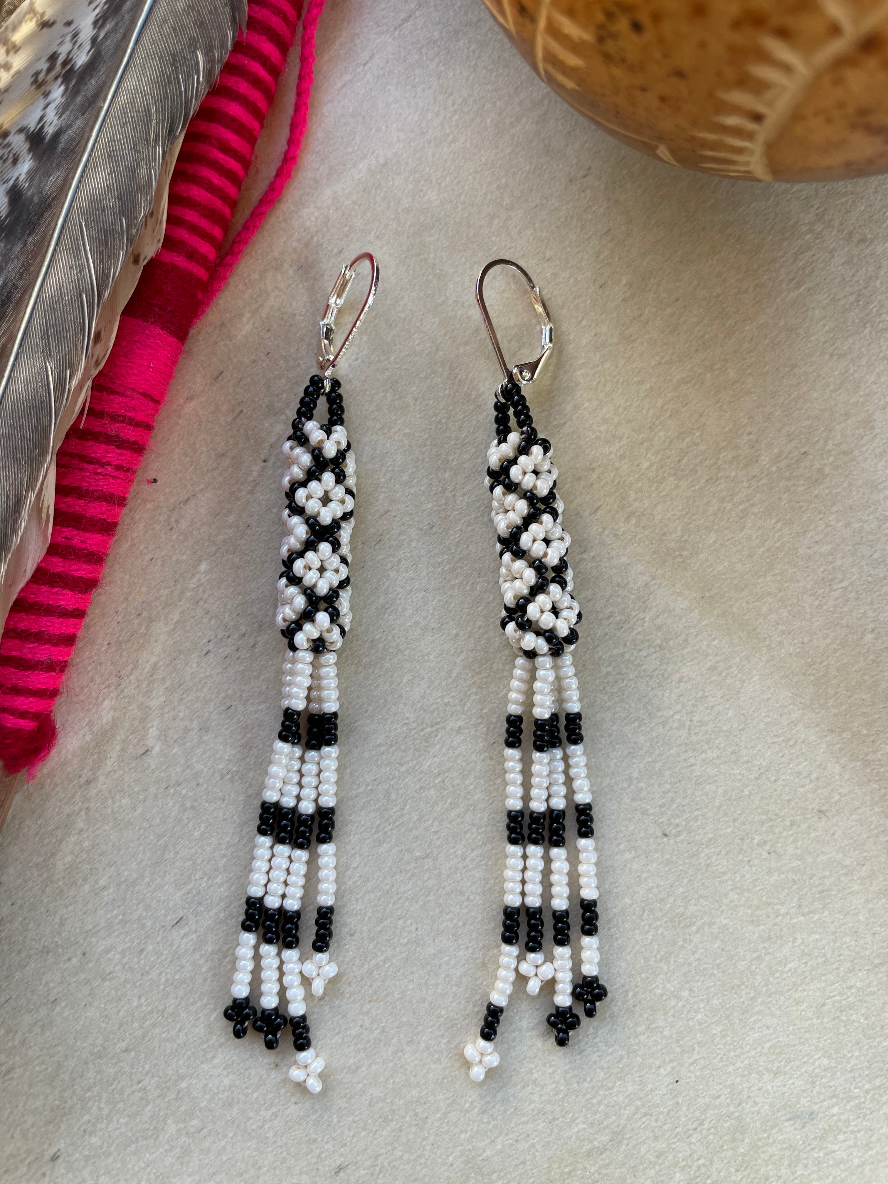 Medusa - Black & White Huichol Beadwork Earrings