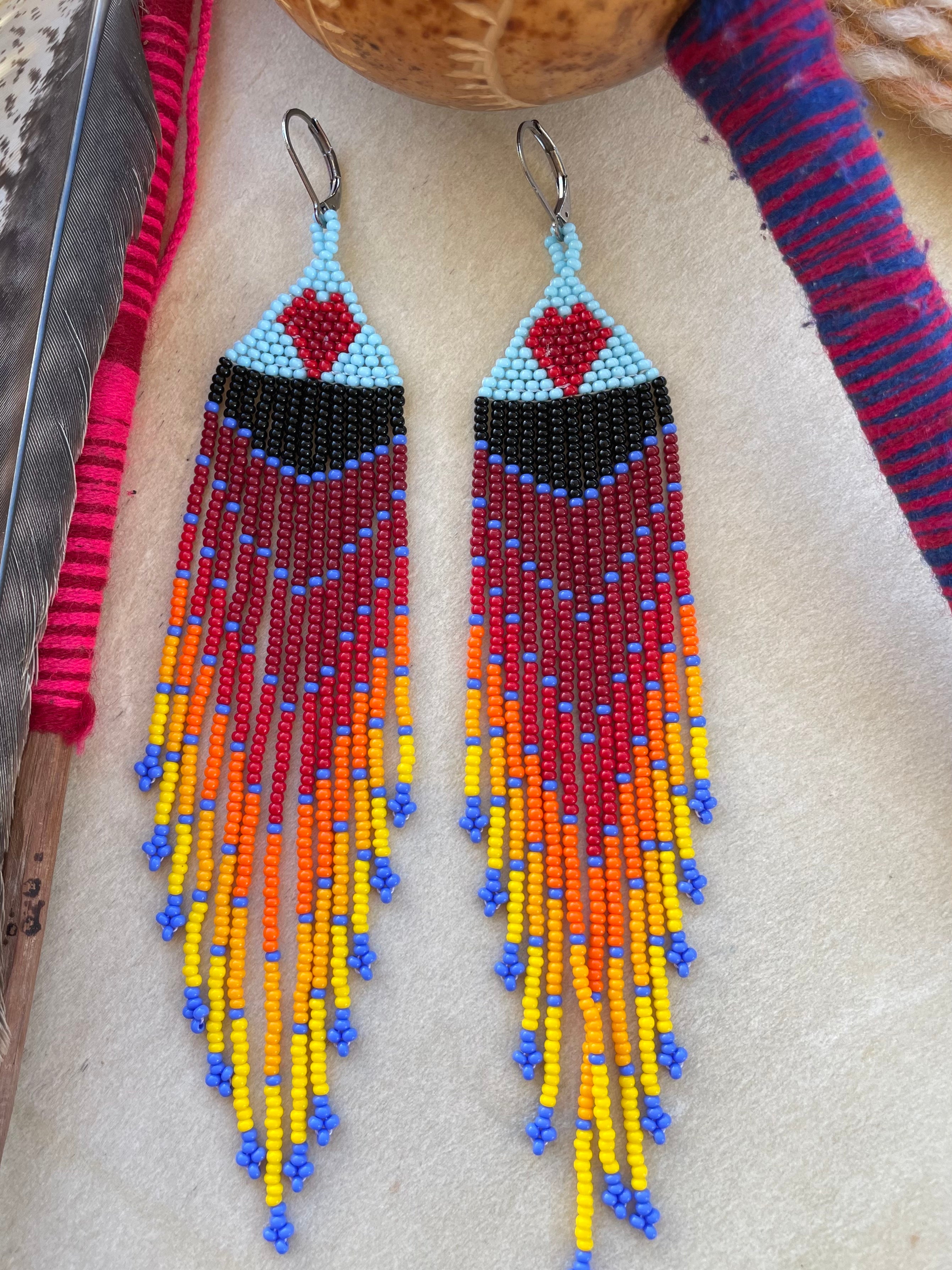 Cascada de Amor - Light Blue & Fire Colors Huichol Beadwork Earrings