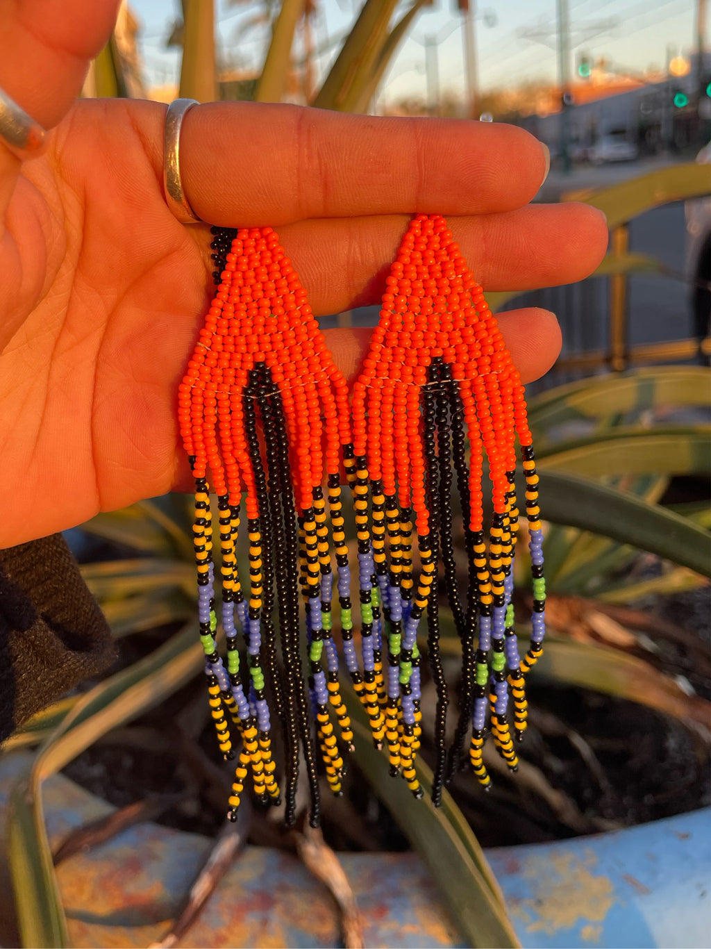 Serpiente - Orange & Black Huichol Serpent Beadwork Earrings