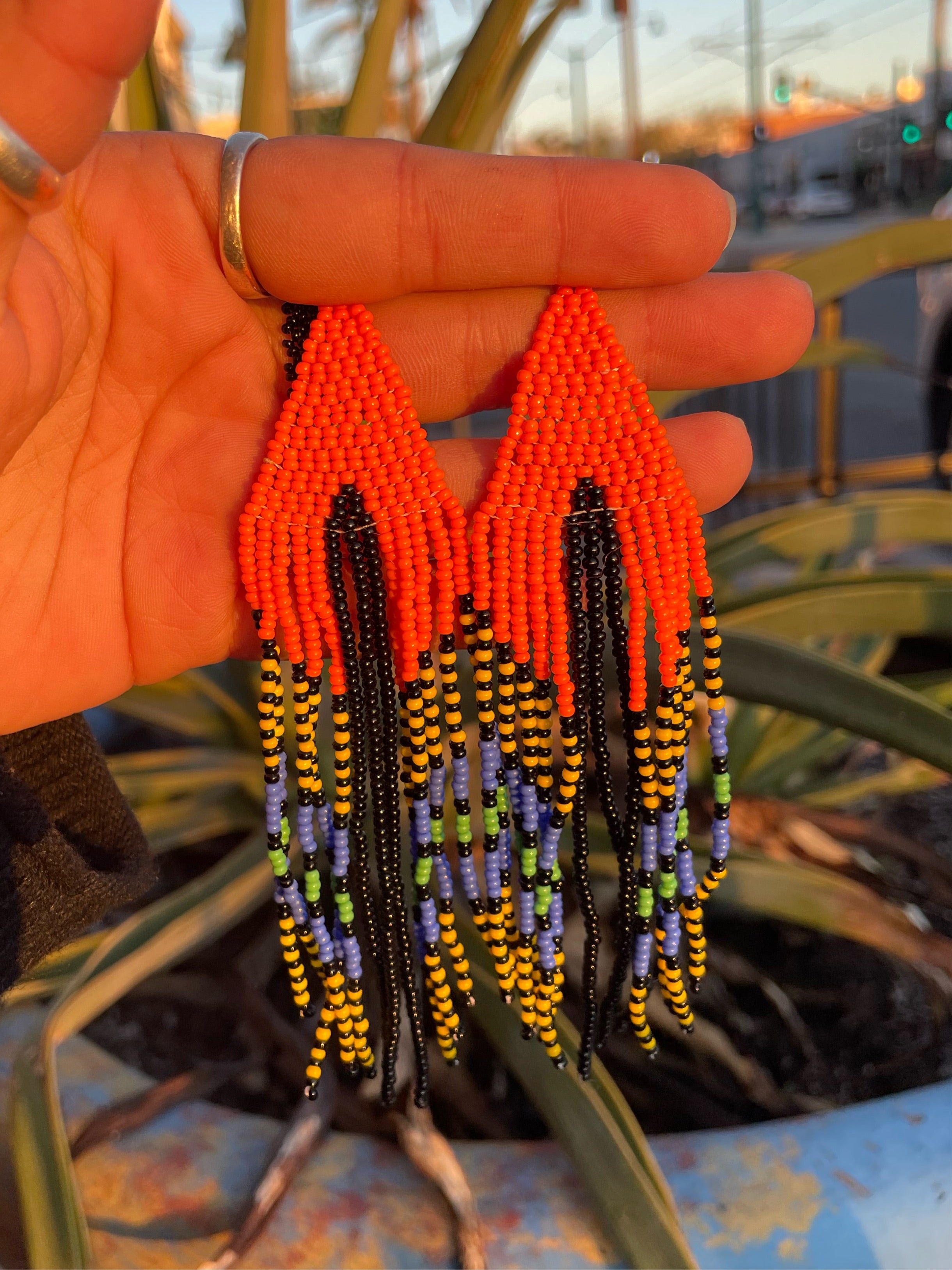 Serpiente - Orange & Black Huichol Serpent Beadwork Earrings