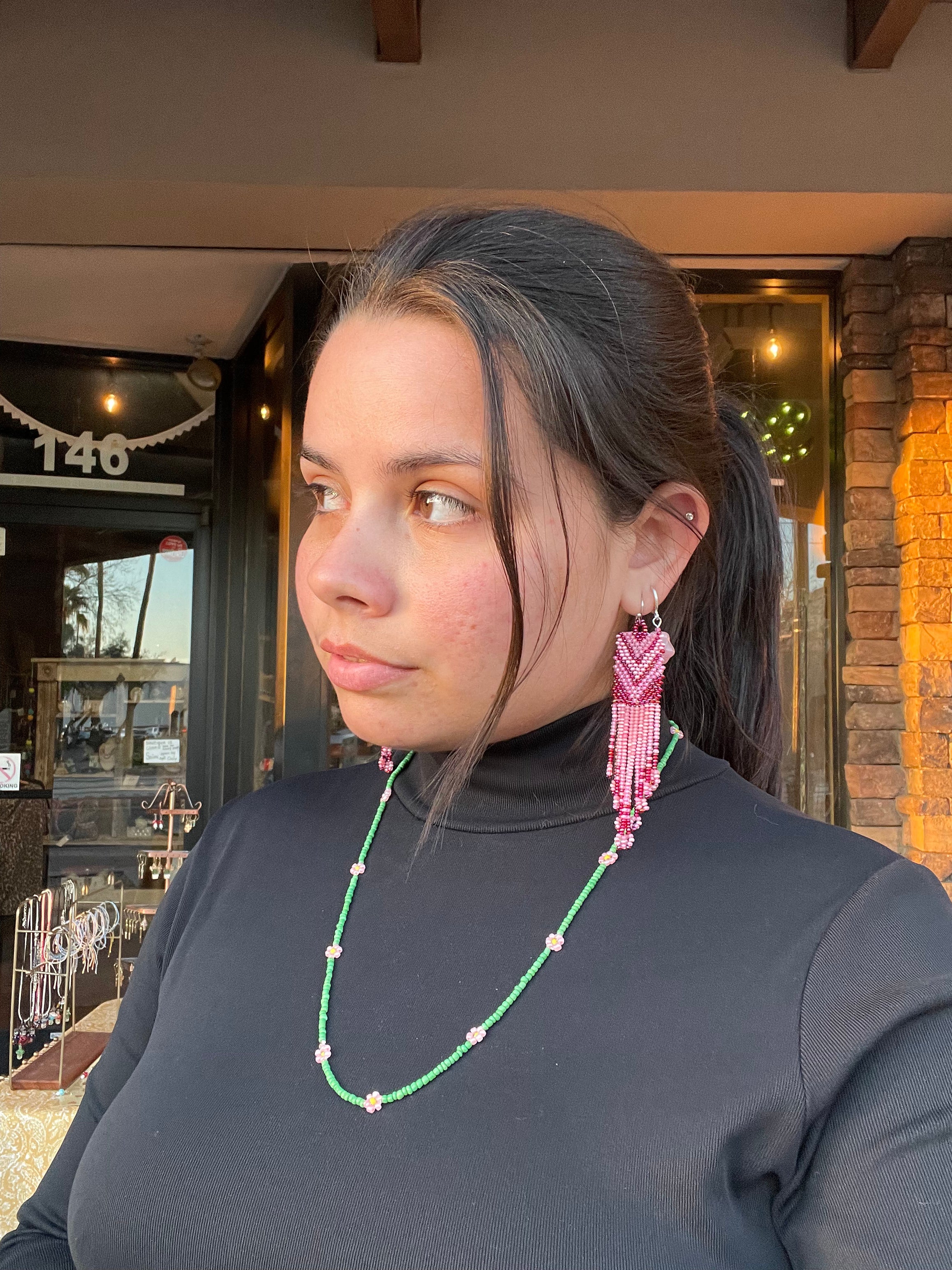 Cuadro Clasico - Pink Huichol Beadwork Earrings