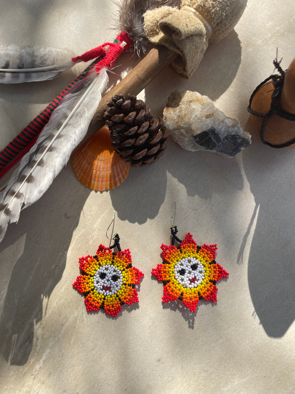 Padre Sol Earrings - Orange & White Huichol Sun Beadwork Earrings