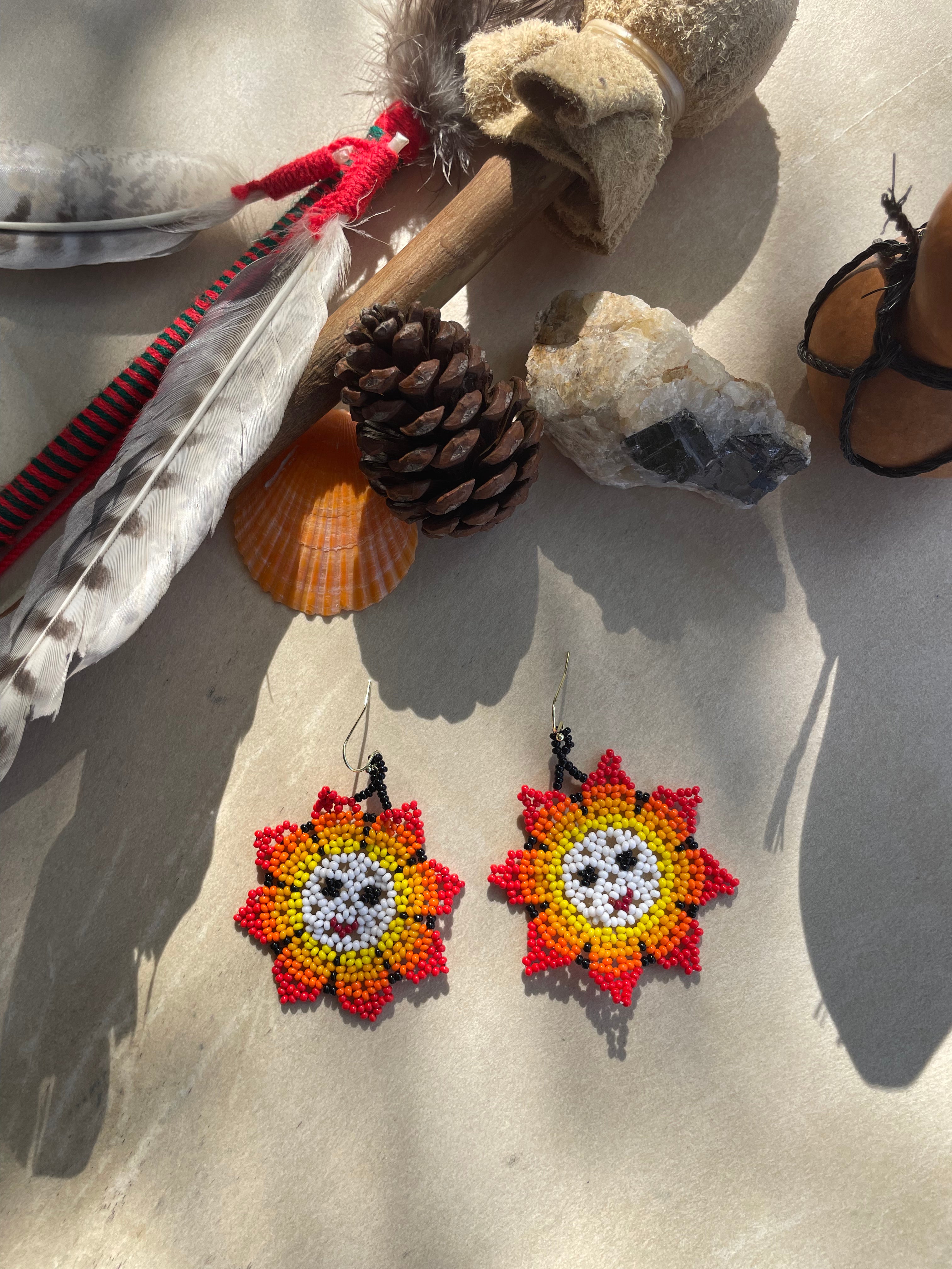 Padre Sol Earrings - Orange & White Huichol Sun Beadwork Earrings