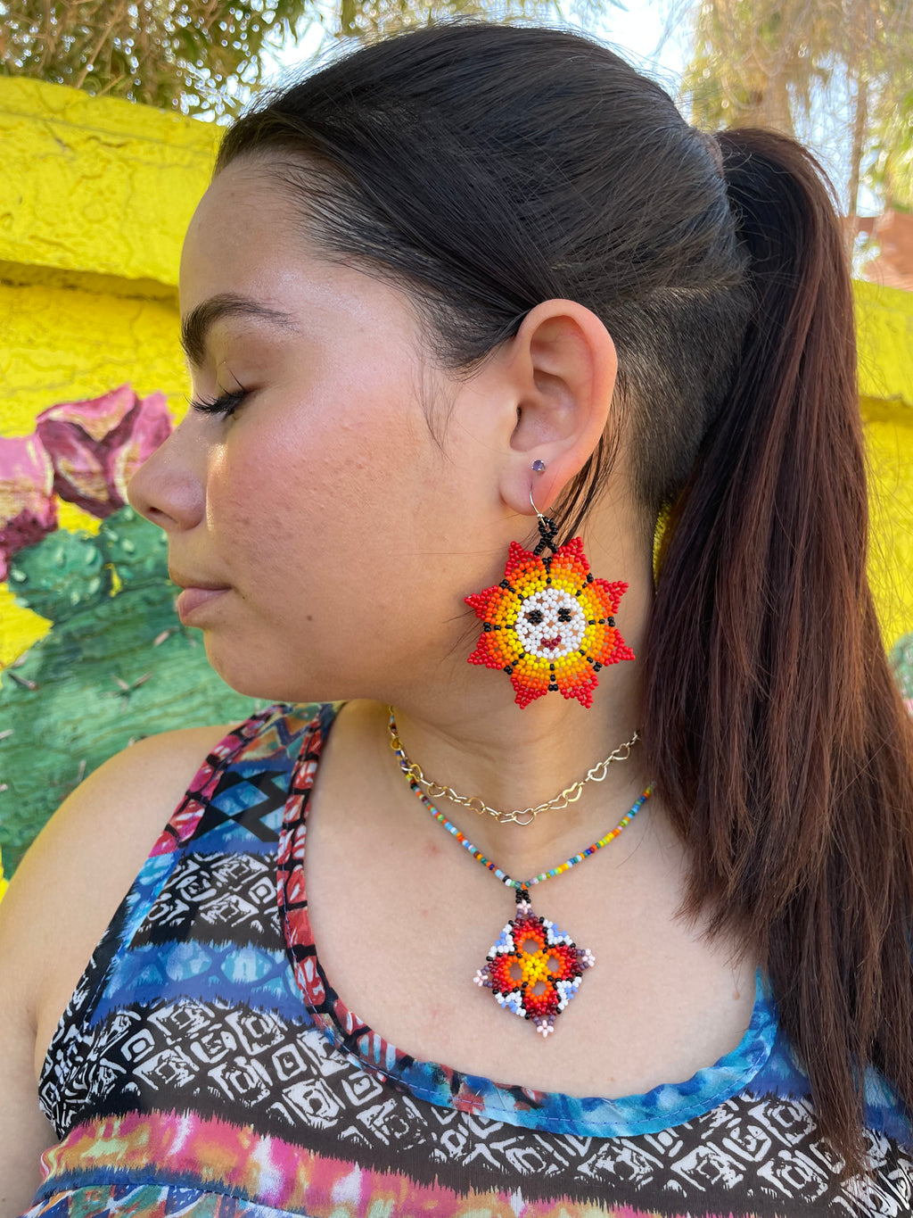 Padre Sol Earrings - Orange & White Huichol Sun Beadwork Earrings