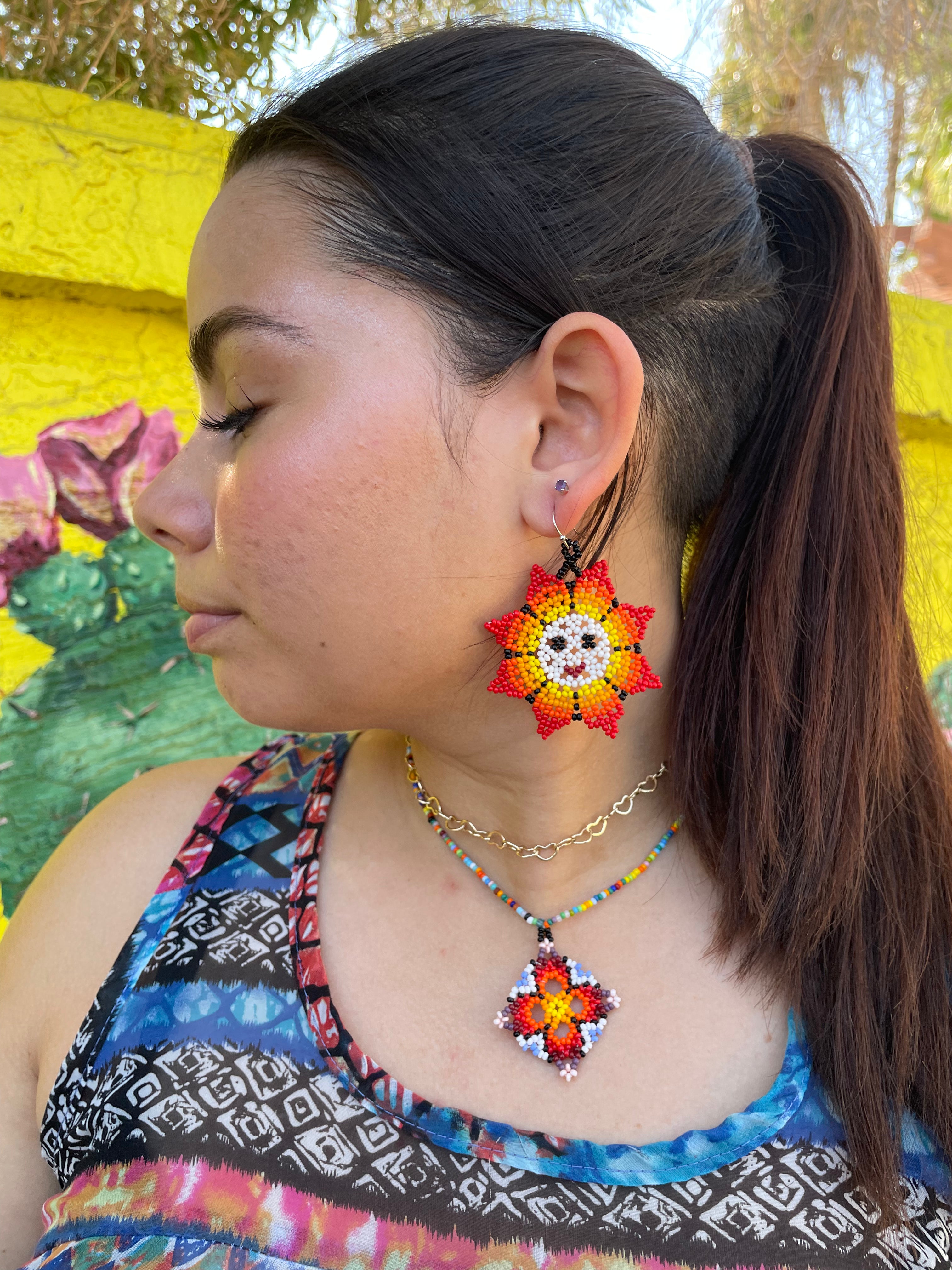 Padre Sol Earrings - Orange & White Huichol Sun Beadwork Earrings