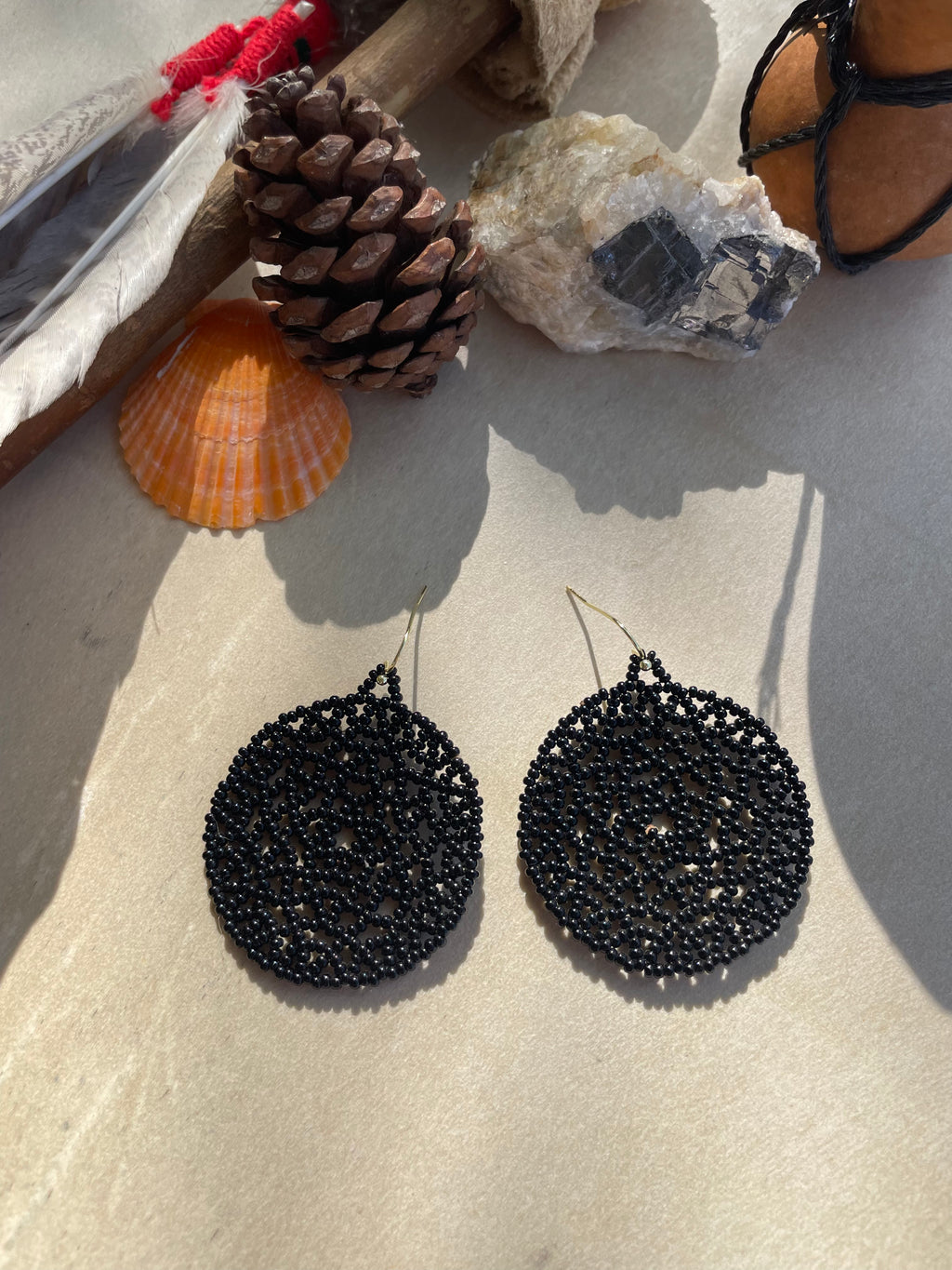 Mandala del Silencio - Black Huichol Beadwork Earrings