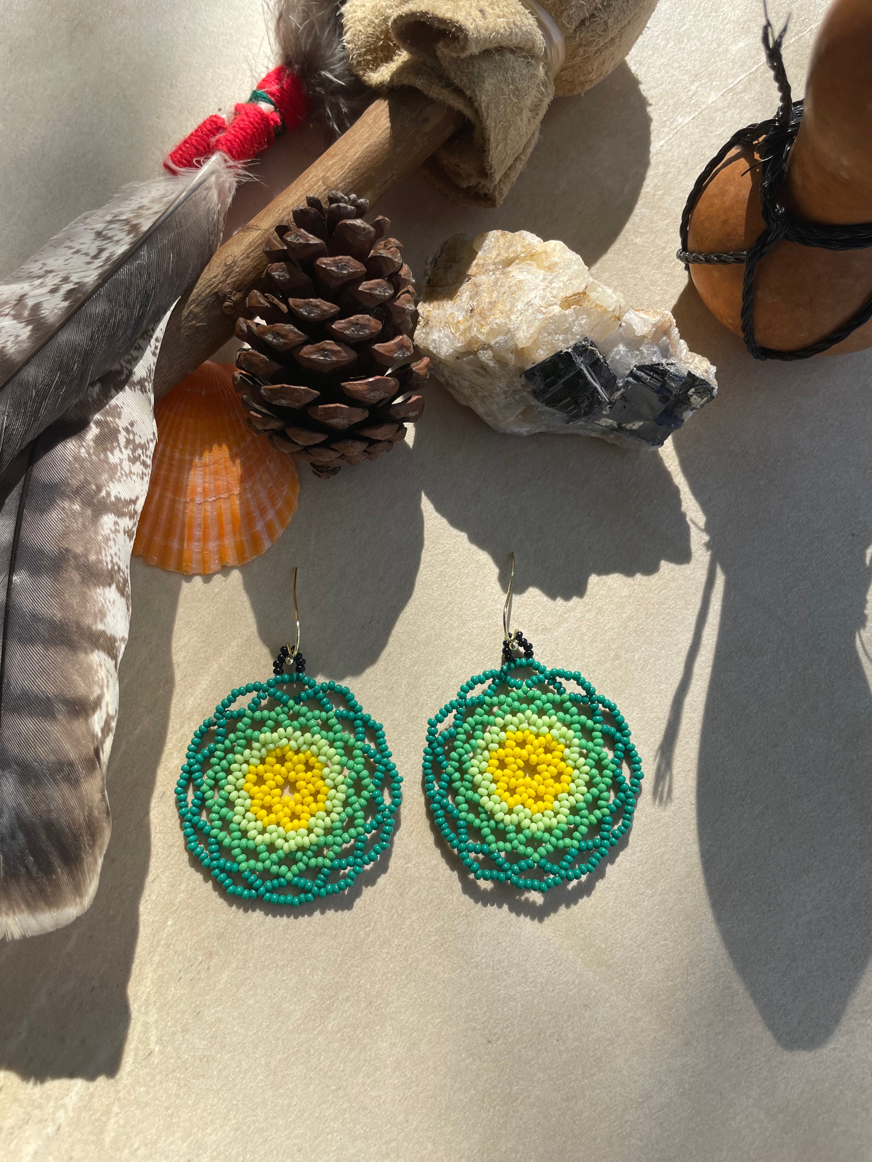 Mandala del Bosque - Green Huichol Beadwork Earrings