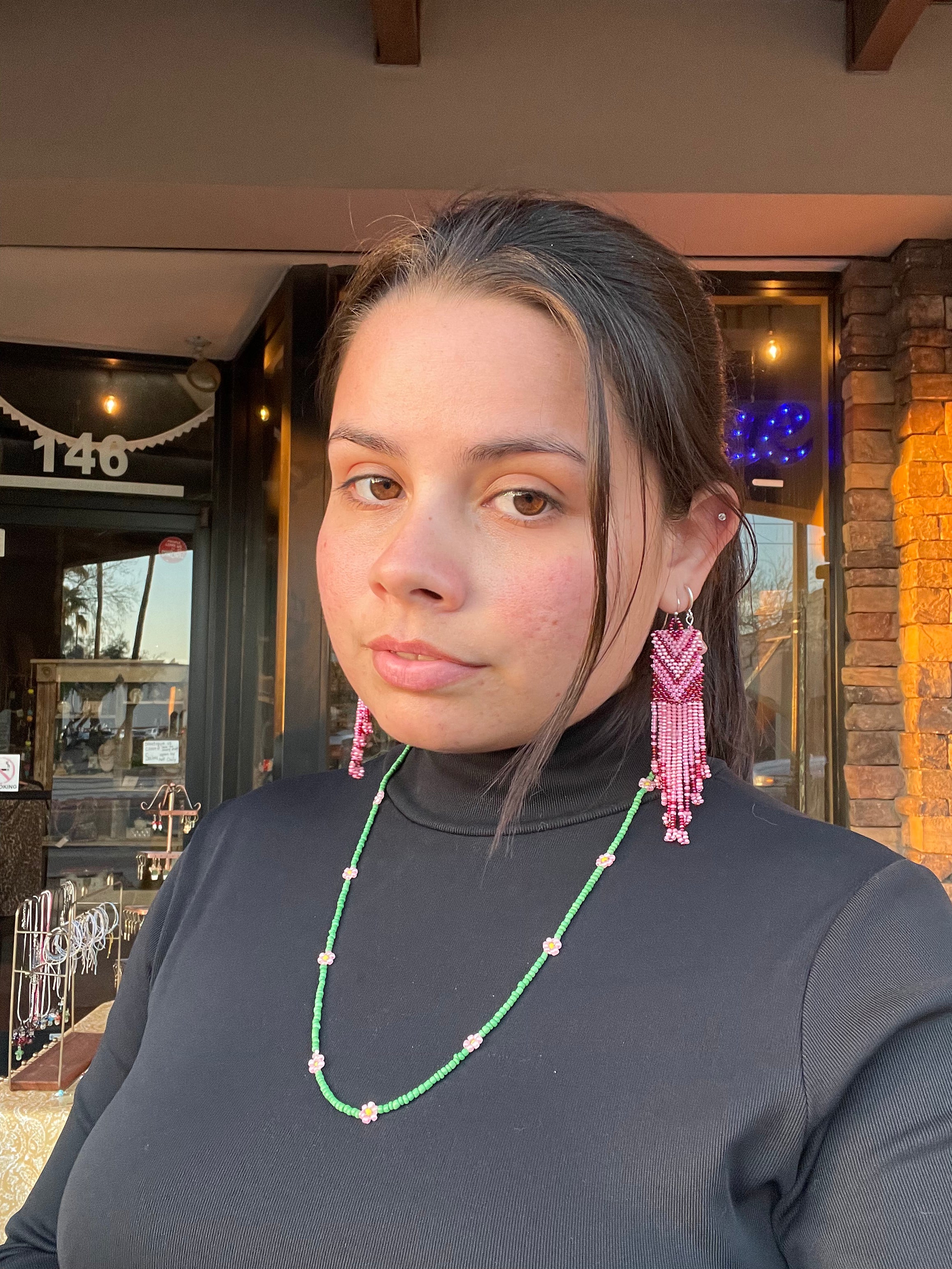 Cuadro Clasico - Pink Huichol Beadwork Earrings