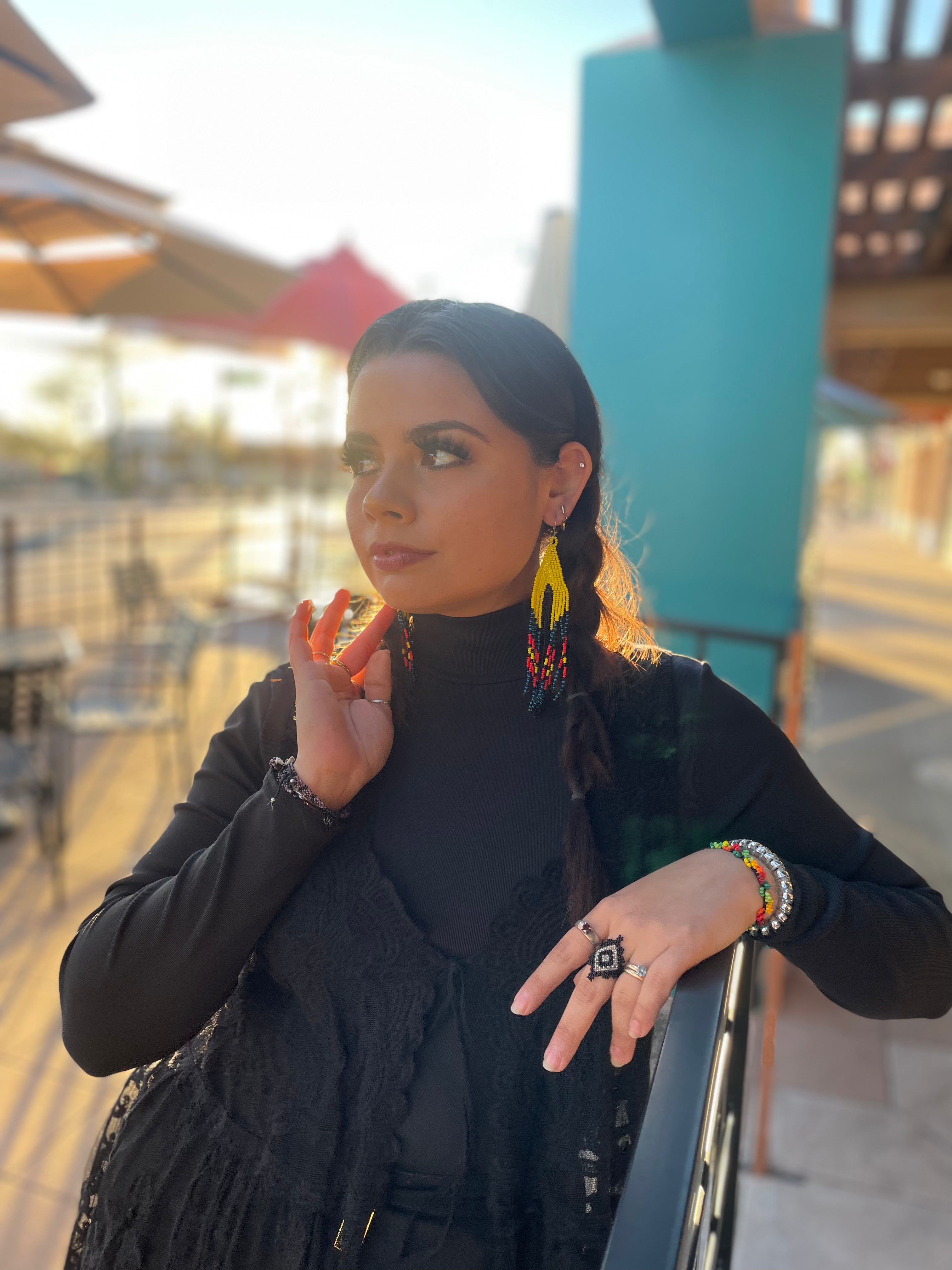 Serpiente - Yellow & Black Huichol Serpent Beadwork Earrings