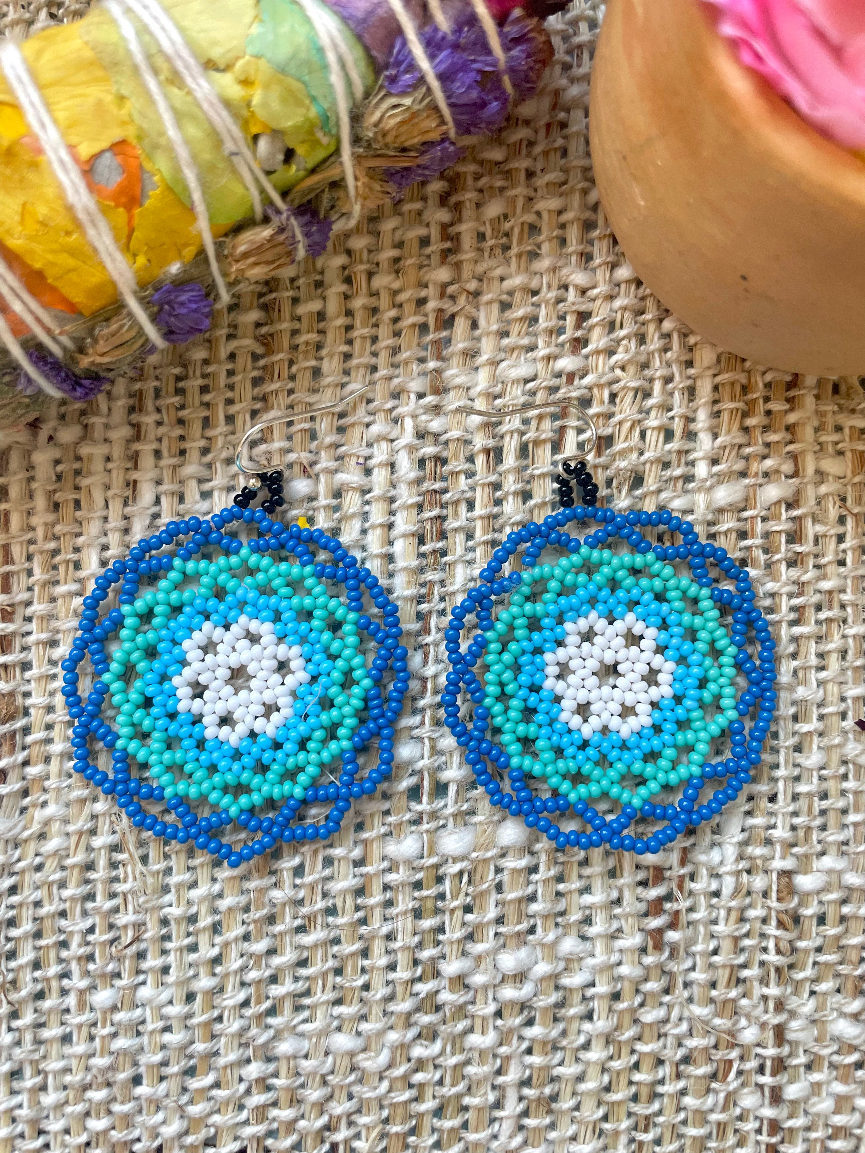 Mandala del Océano - Turquoise Blue Huichol Beadwork Earrings